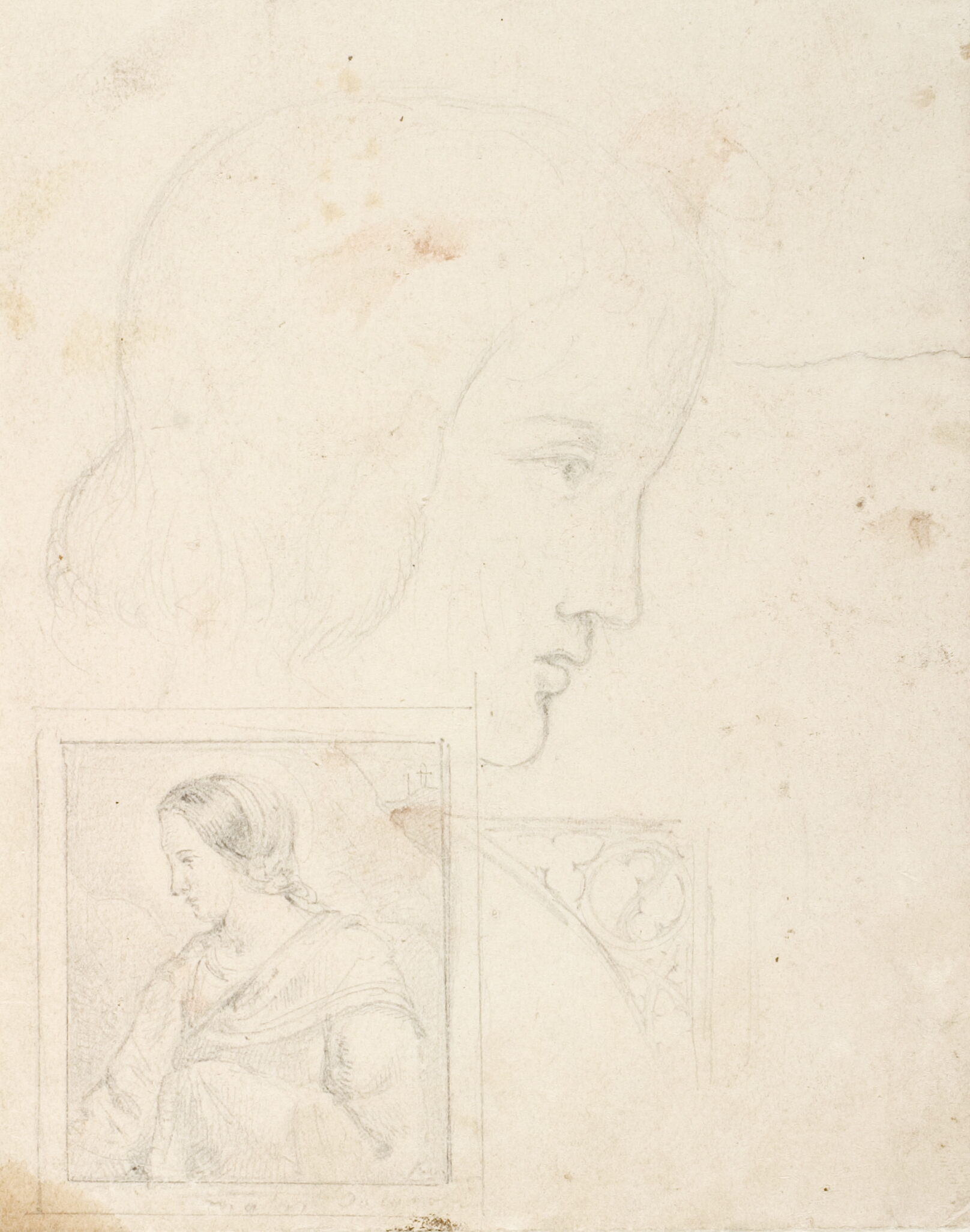 Lille udkast til et billede af en kvindelig halvfigur. En profil af en ung mand eller kvinde