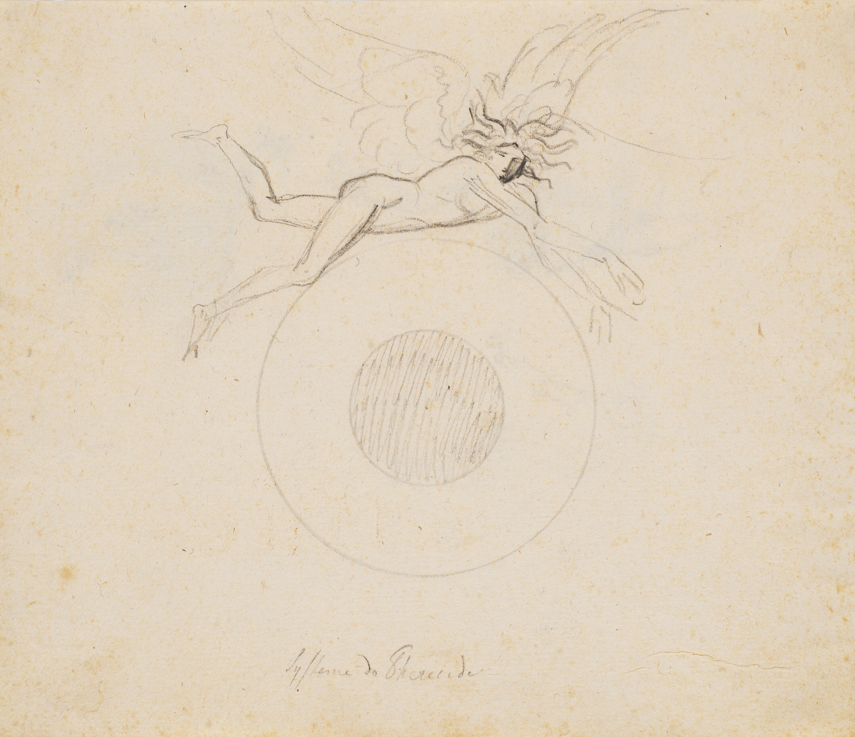 En vinget genius, svævende over en klode, angivet med et par cirkelbuer