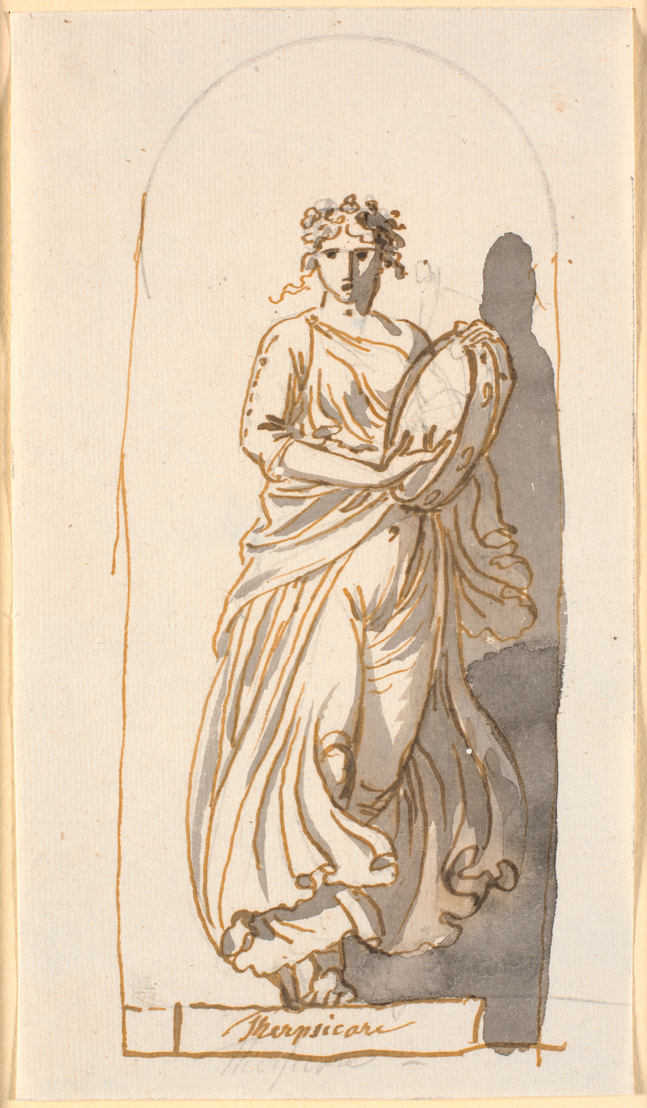 Terpsikore, dansens muse, som statue i en niche