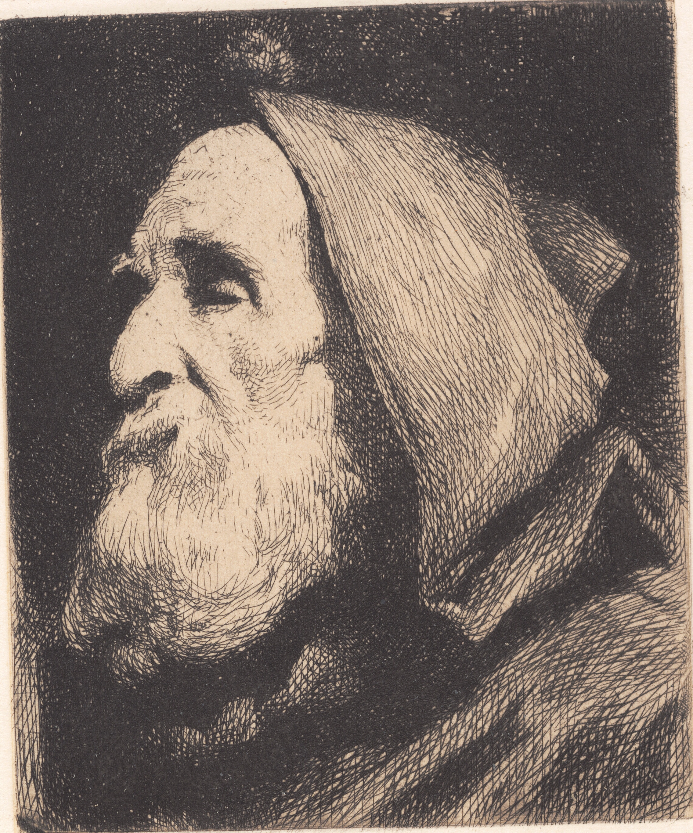 Gammel blind mand i profil med hætte over hovedet