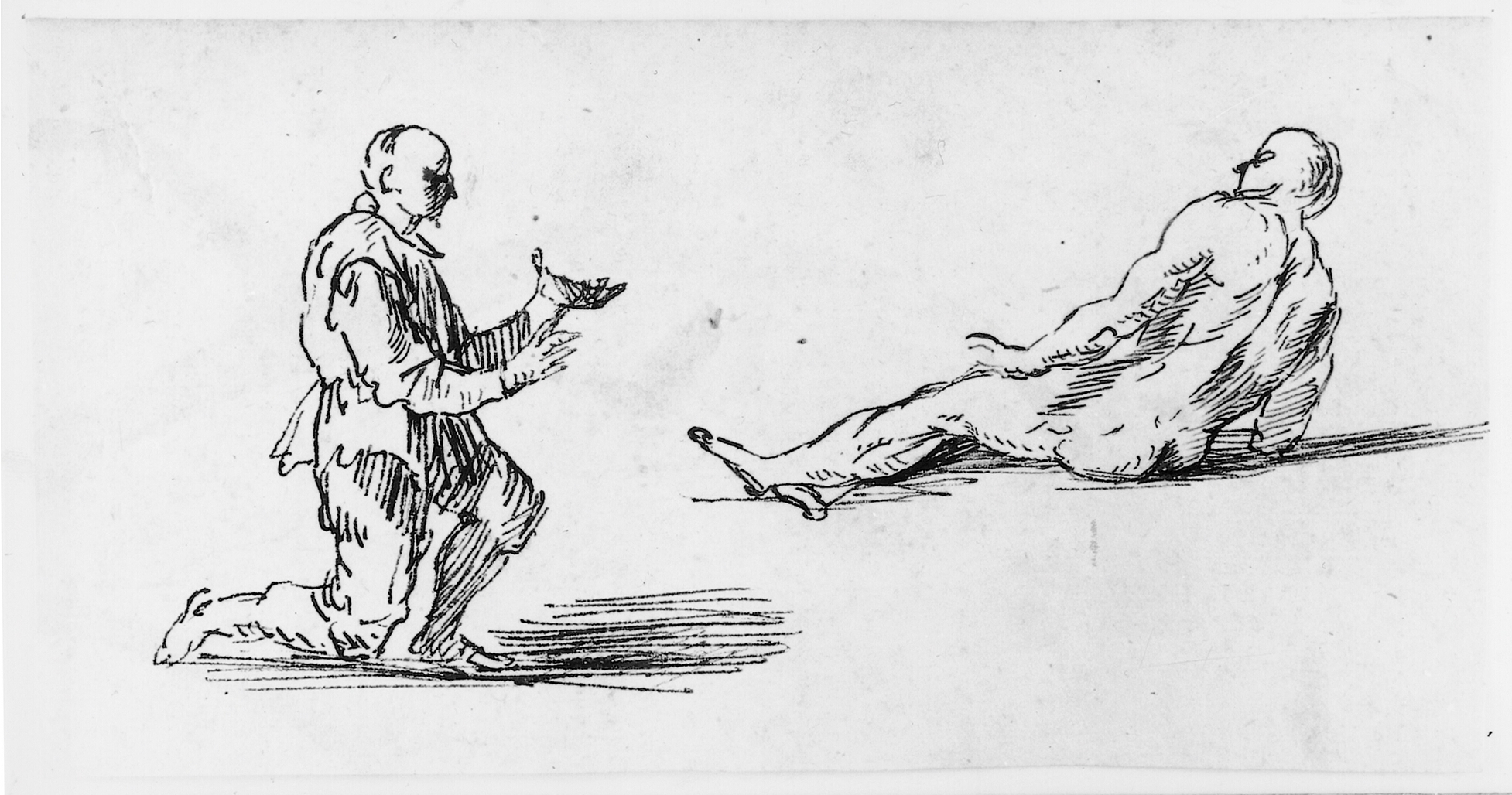 En knælende mand og en halvt liggende nøgen mand set bagfra