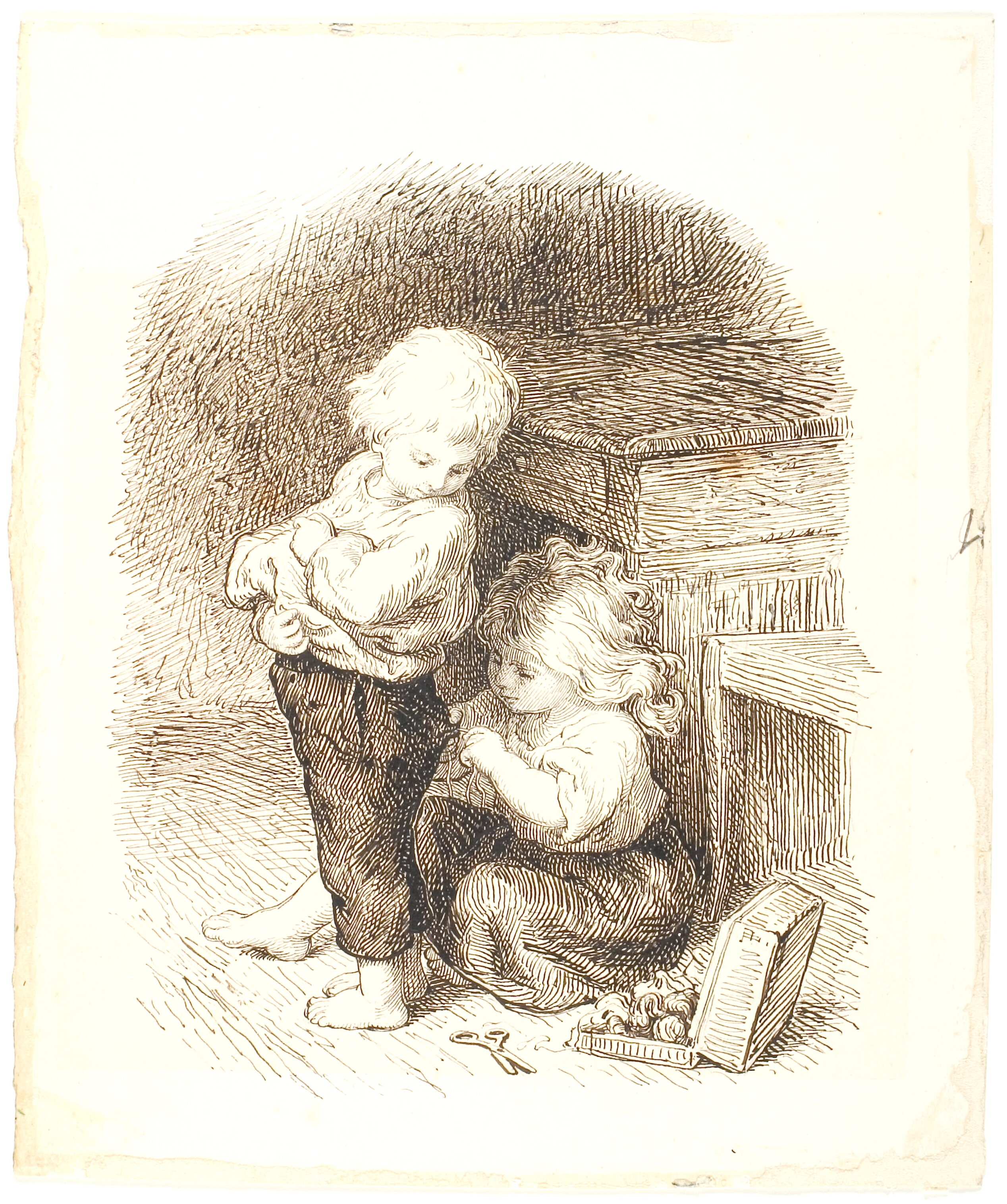 Lille pige reparerer en drengs bukser