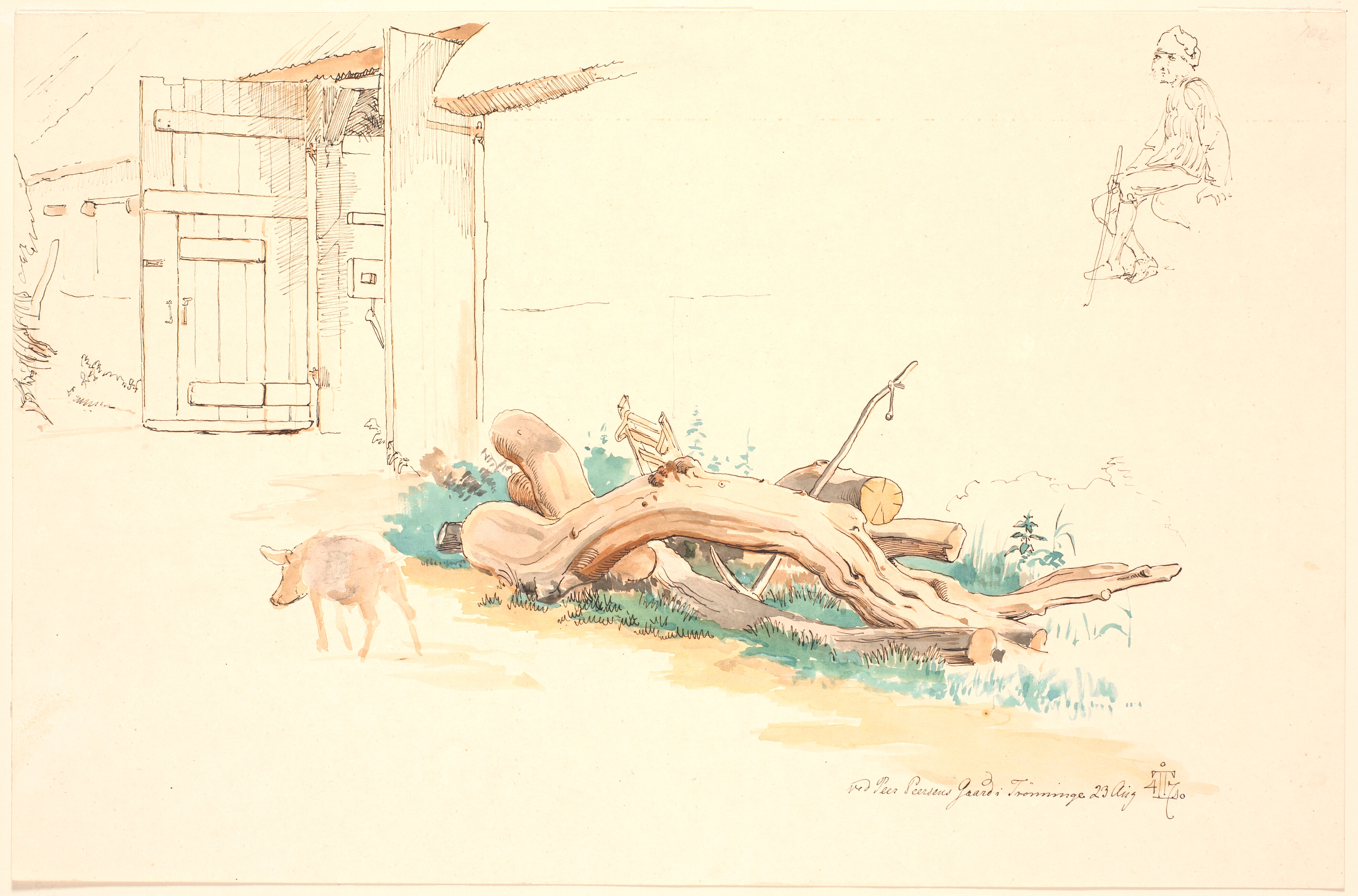 Nogle træstammer og en gris foran en ladeport, øverst til højre studie af siddende røgter