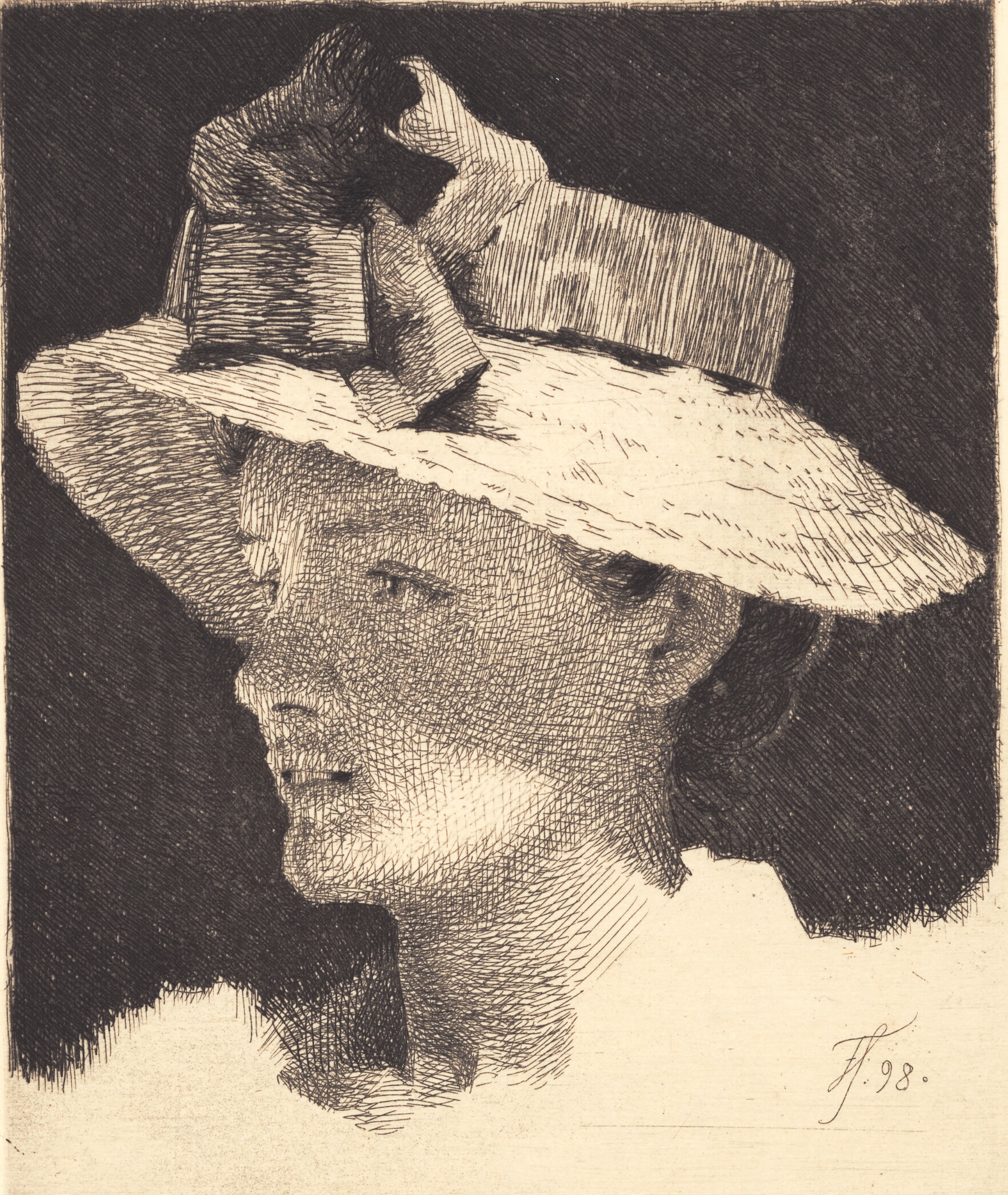 Ung pige med stråhat, profil mod venstre