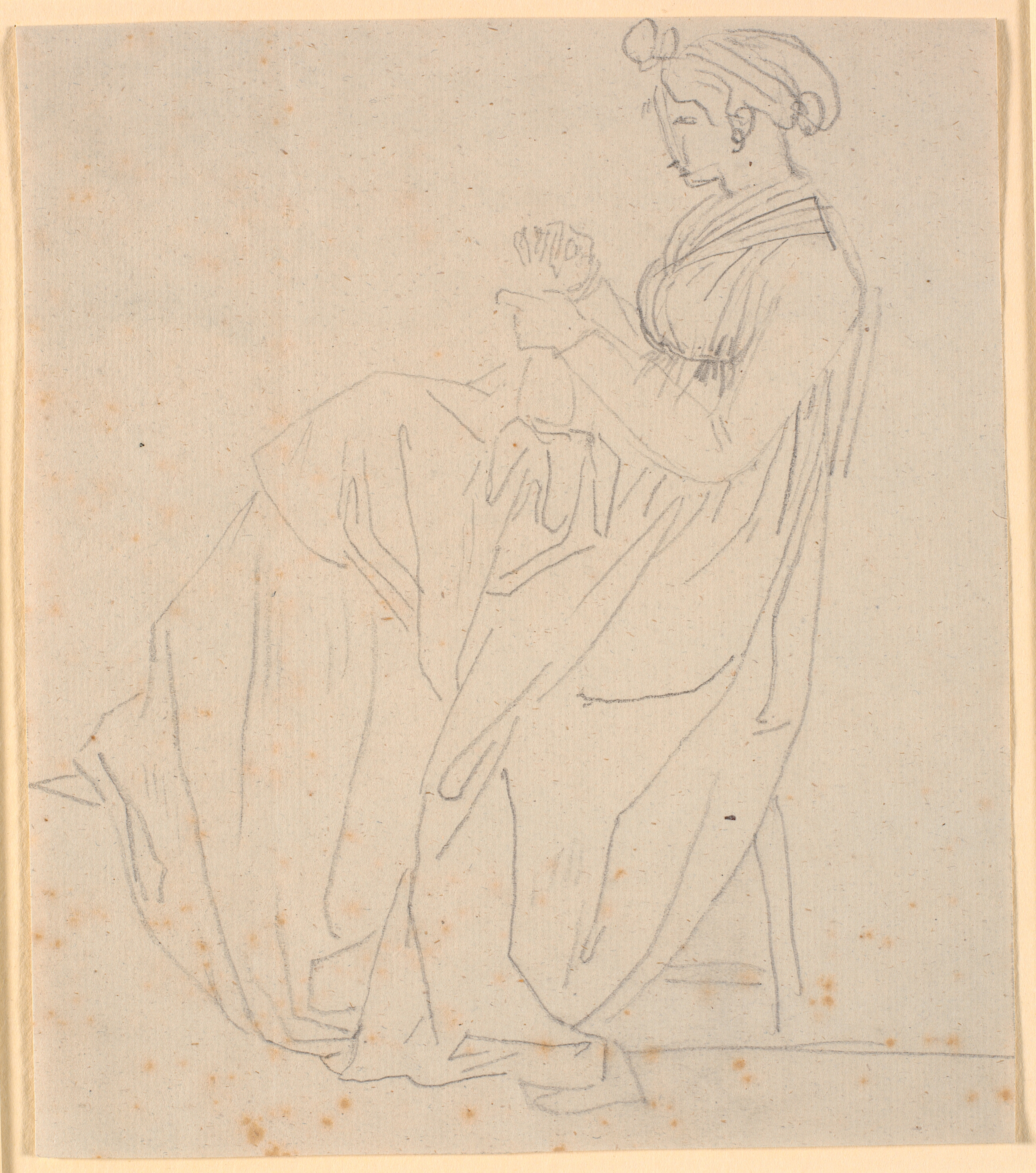 Profilbillede af kunstnerens anden hustru Juliane Marie Abildgaard f. Ottesen, siddende med sytøj, hel figur