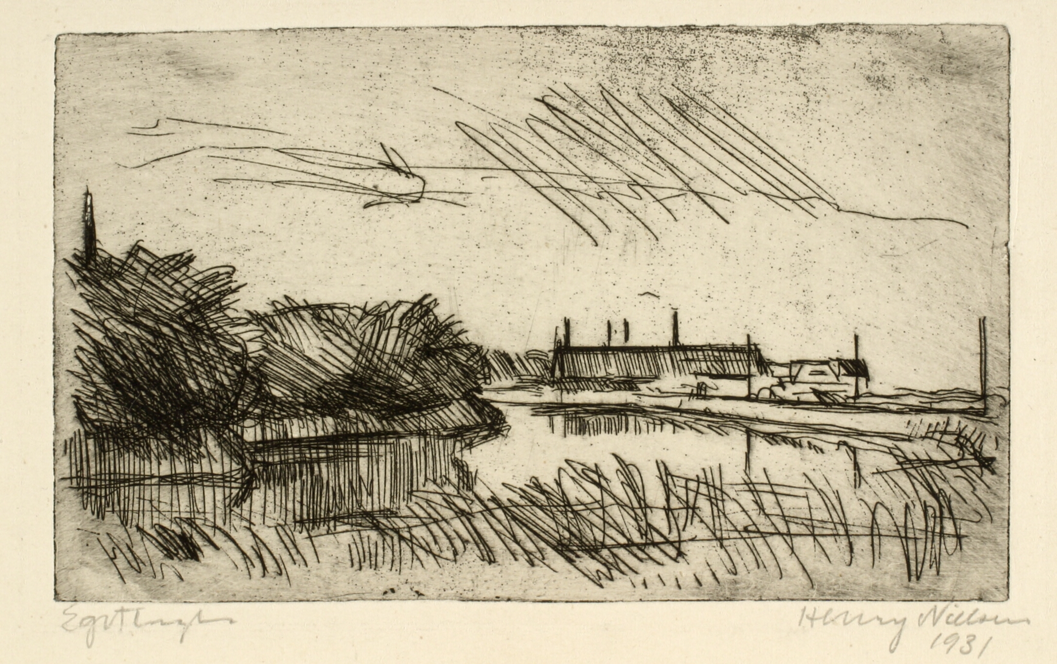 Landskab med vandløb og huse