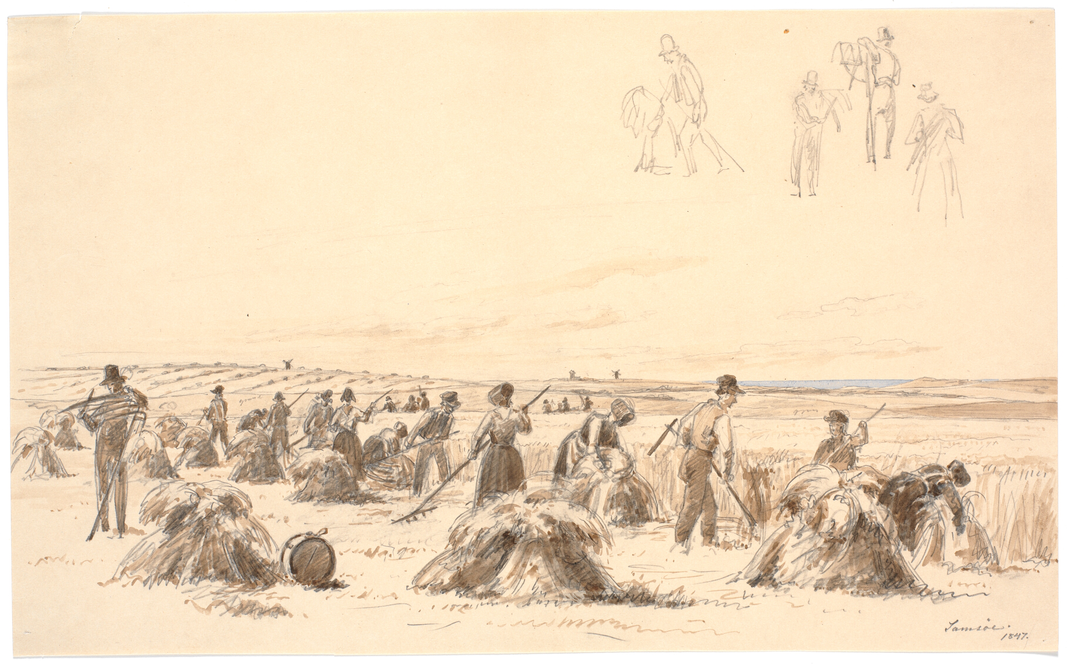 Høstarbejdere på marken. I baggrunden møller og havet