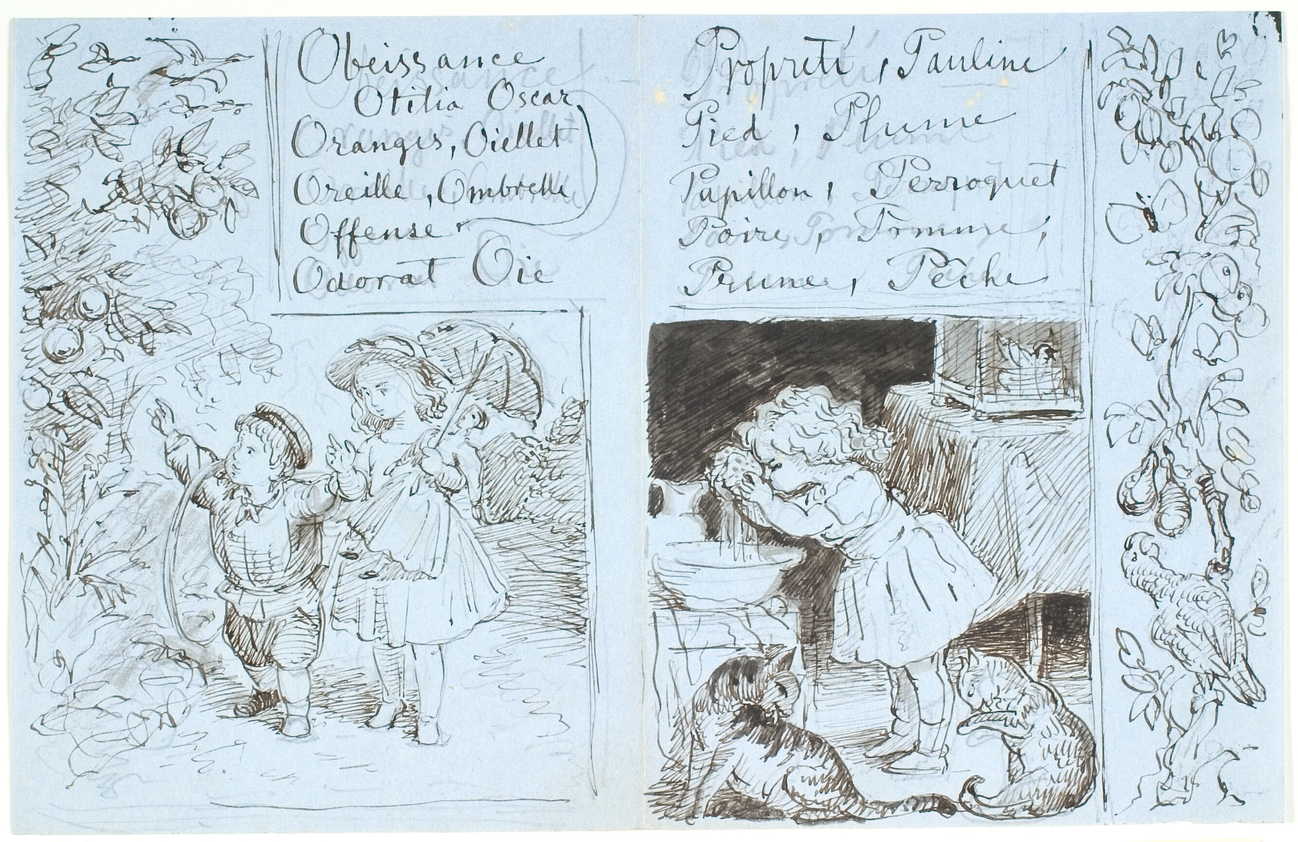 To udkast. T.v. Lili med dukke og en dreng ser appelsintræ i en have. T.h.: Lili vasker sig. Randtegning med frugter og papegøje