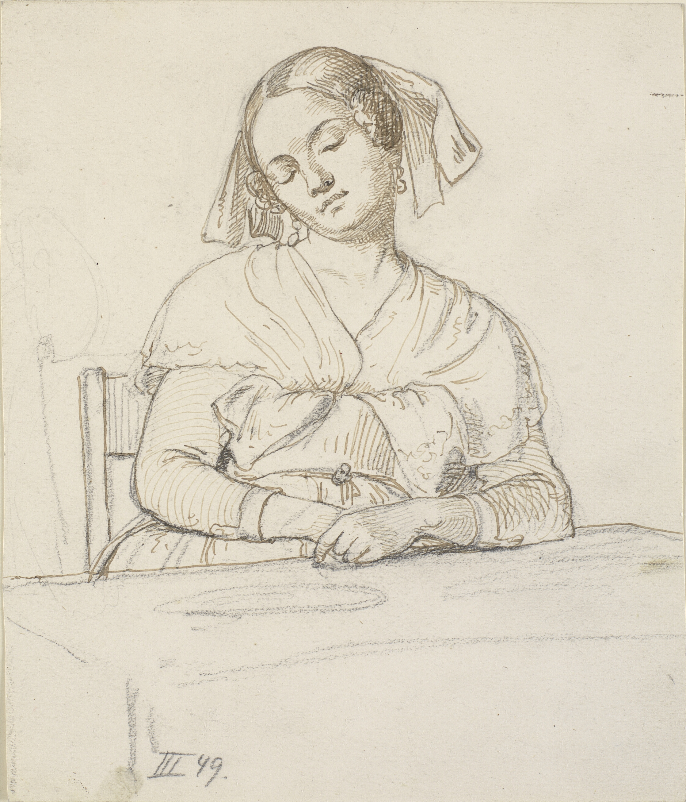 Sovende kvinde, siddende ved et bord