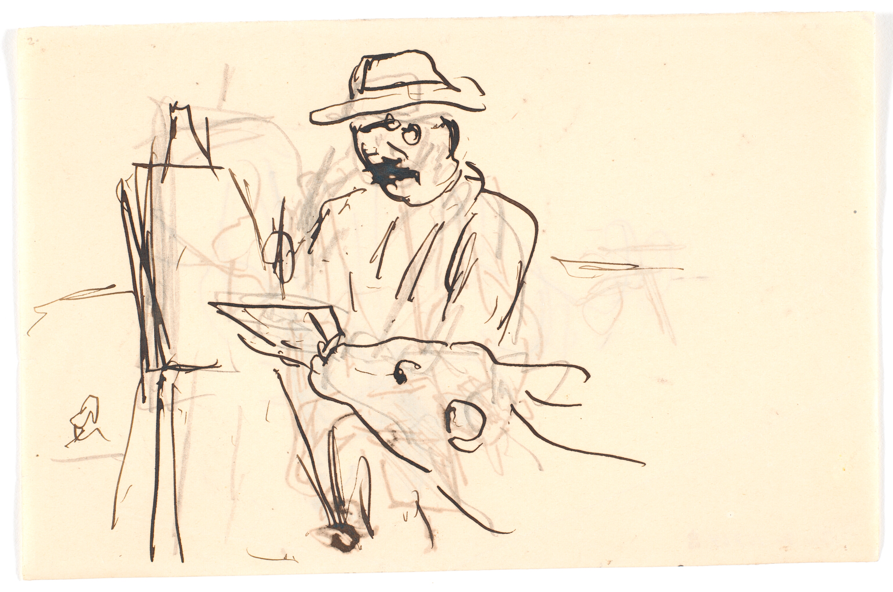 Selvportræt med en kalv, der slikker paletten