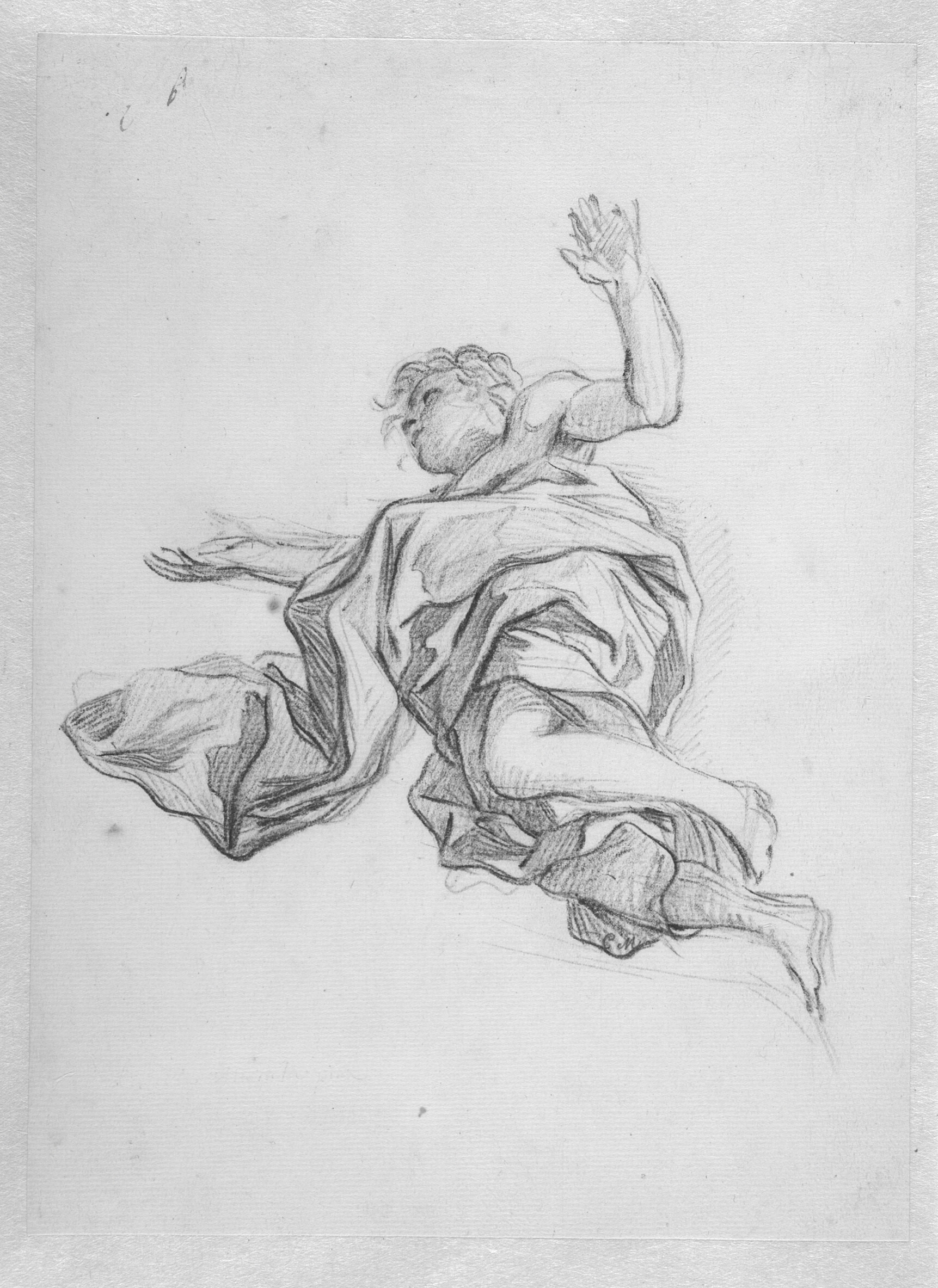 Flyvende figur med en flagrende kappe set nedenfra