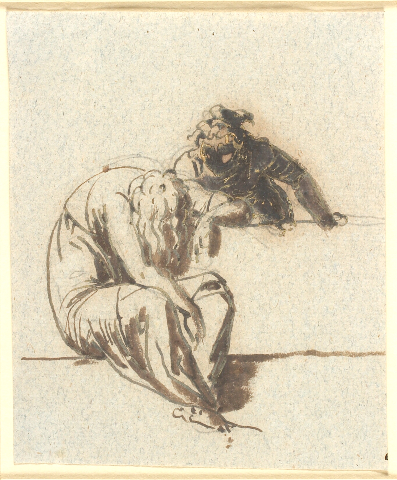 I forgrunden en siddende sammenbøjet kvindefigur, bag et brystværn læner en anden sig frem mod hende