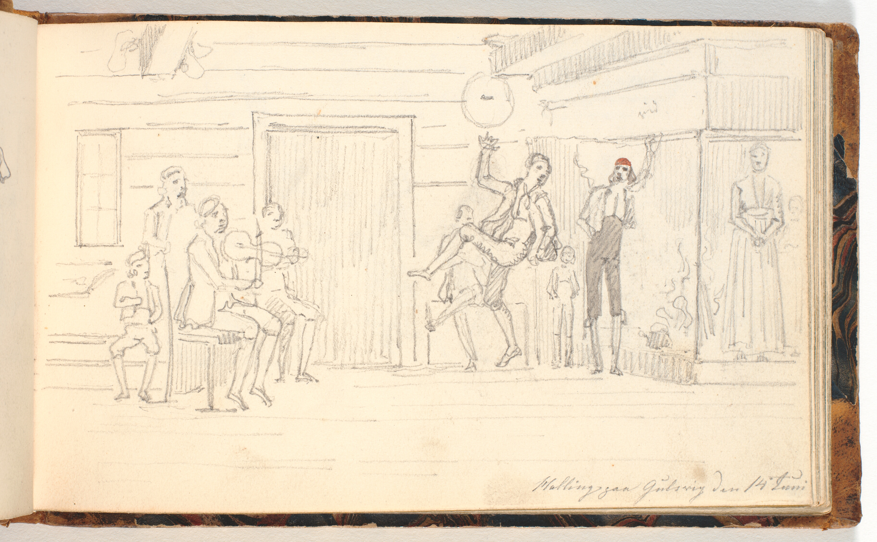 Interiør med spillende og dansende figurer