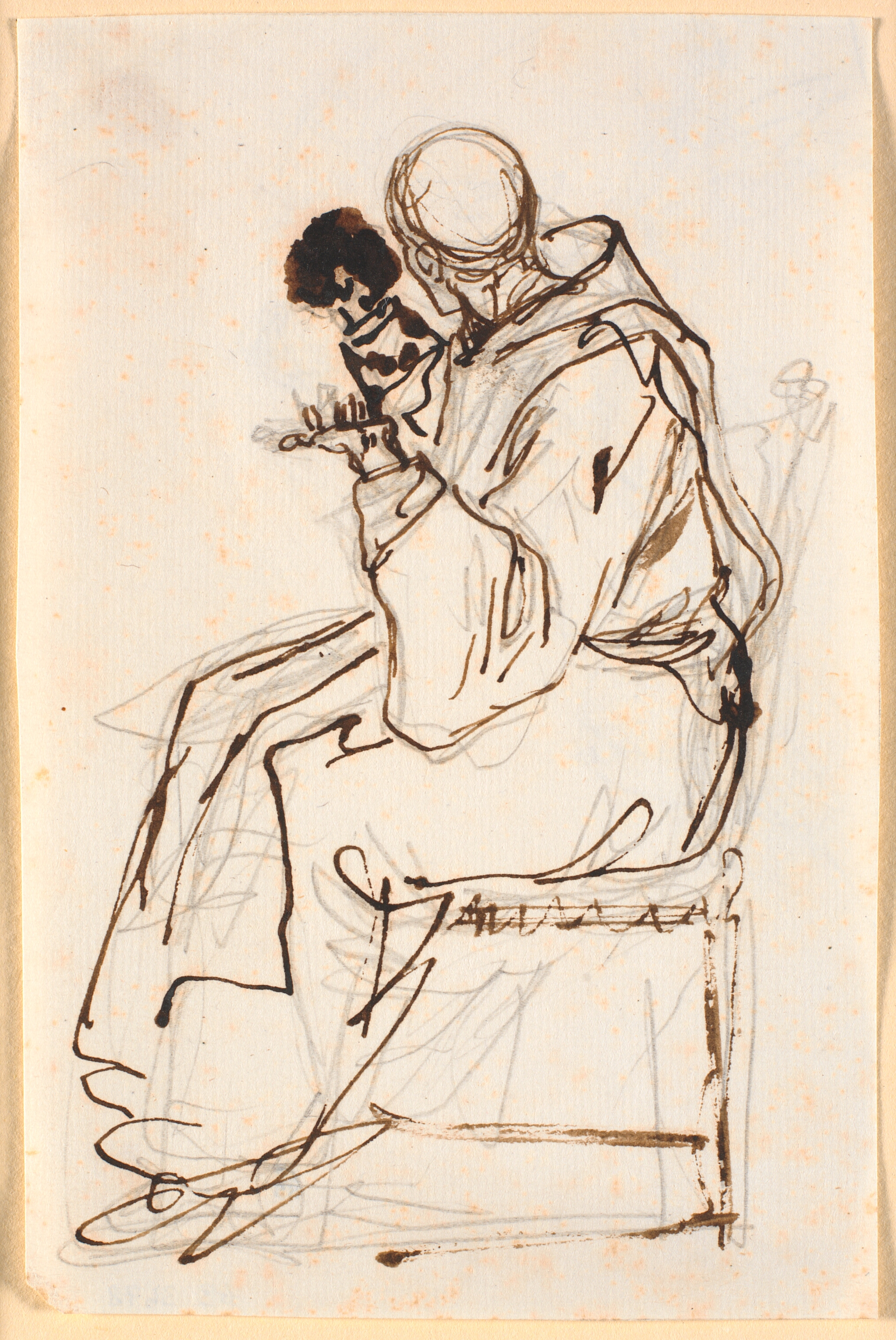 En siddende munk i profil til venstre.