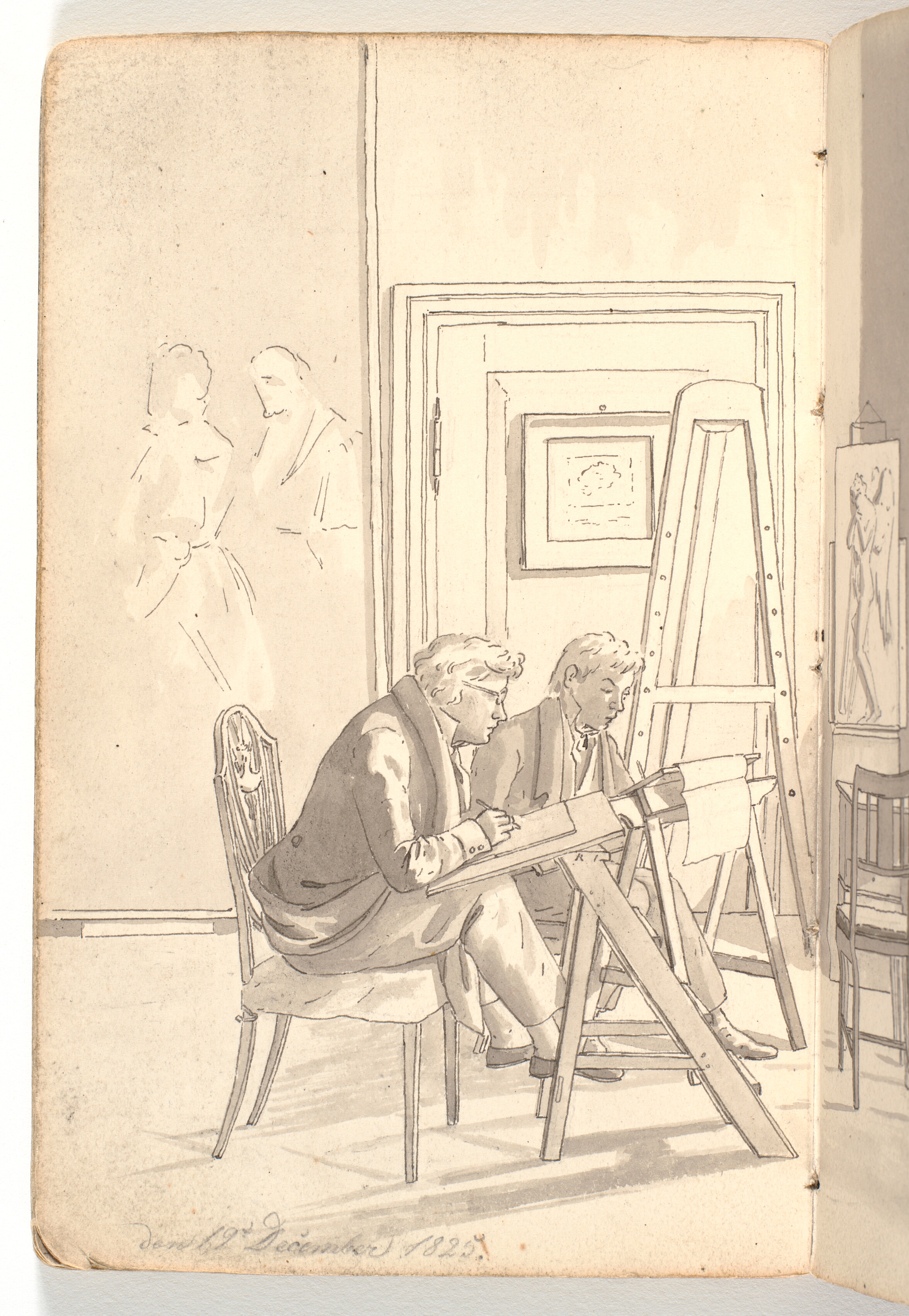 Interiør fra akademiet med tegnende unge kunstnere