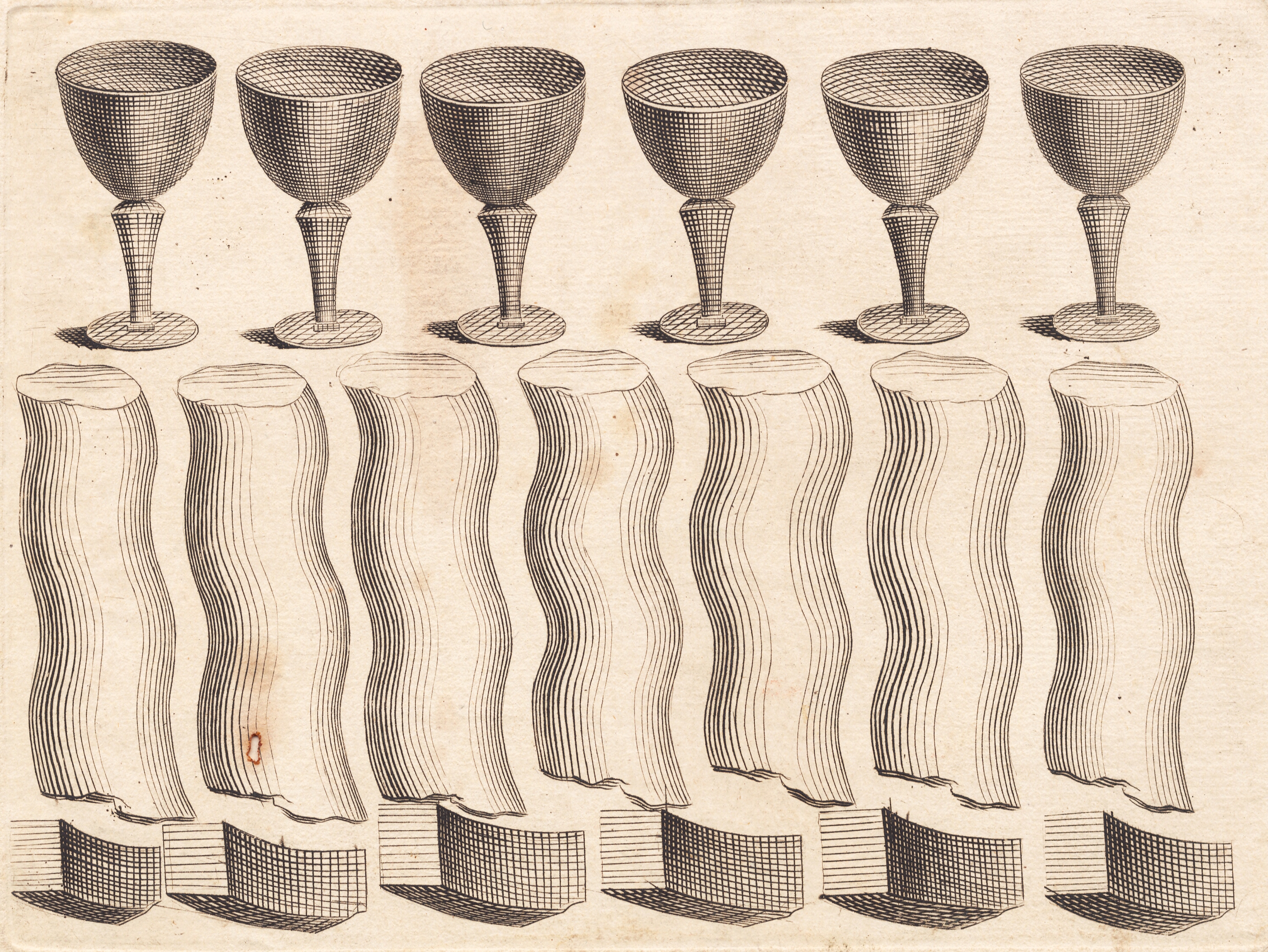 Studieblad af bægre og dele af en snoet rundstav