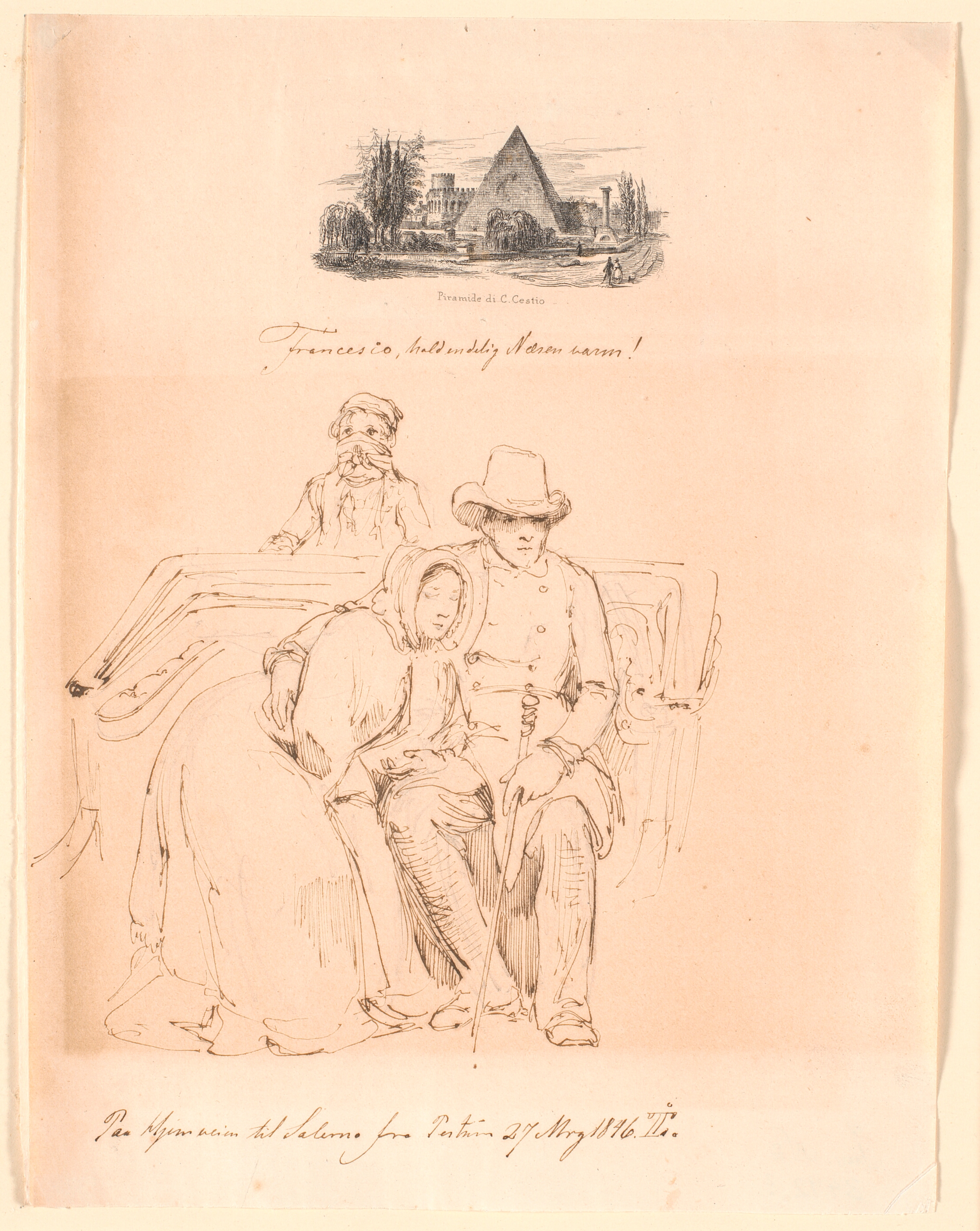 Raffenberg og hans hustru på bagsædet i en vogn. På tjenersæ-det en dreng med tørklæde op til øjnene