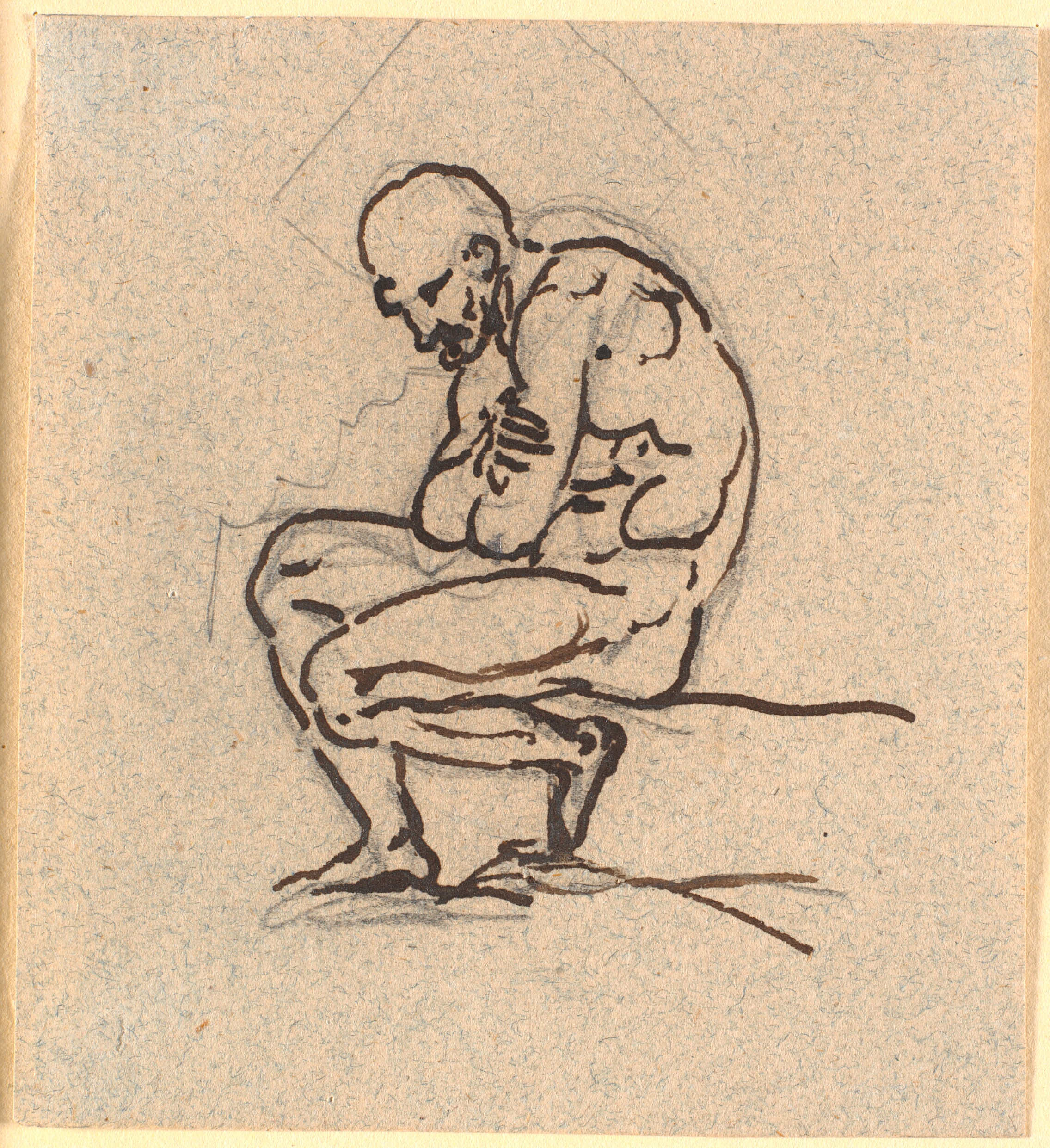 En siddende sammenbøjet nøgen mand i profil til venstre