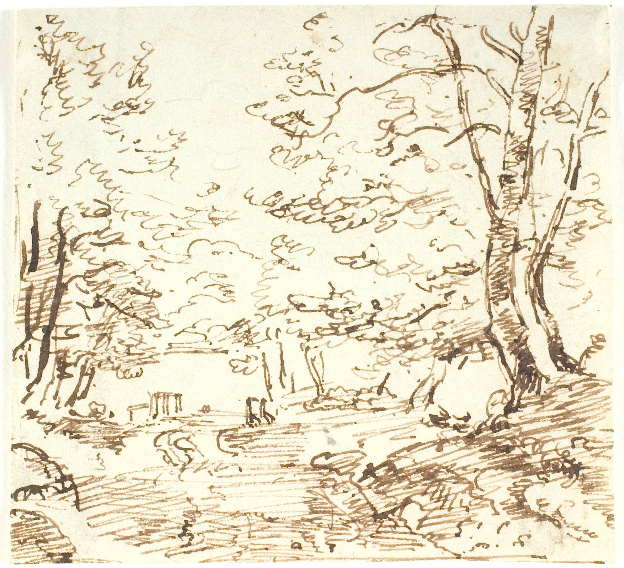 Skovlandskab med vej og bro