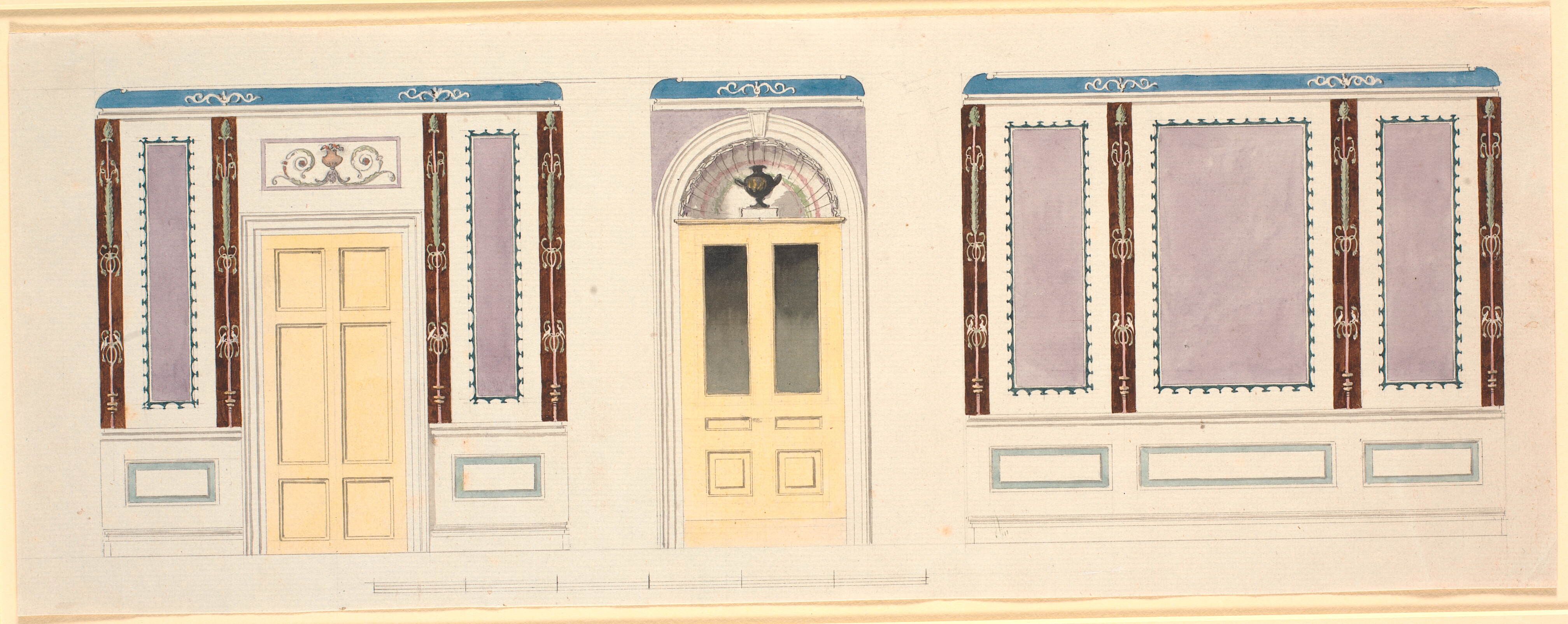 Udkast til en salsdekoration med lilla paneler, over døren i midten en muslingeskal og en vase