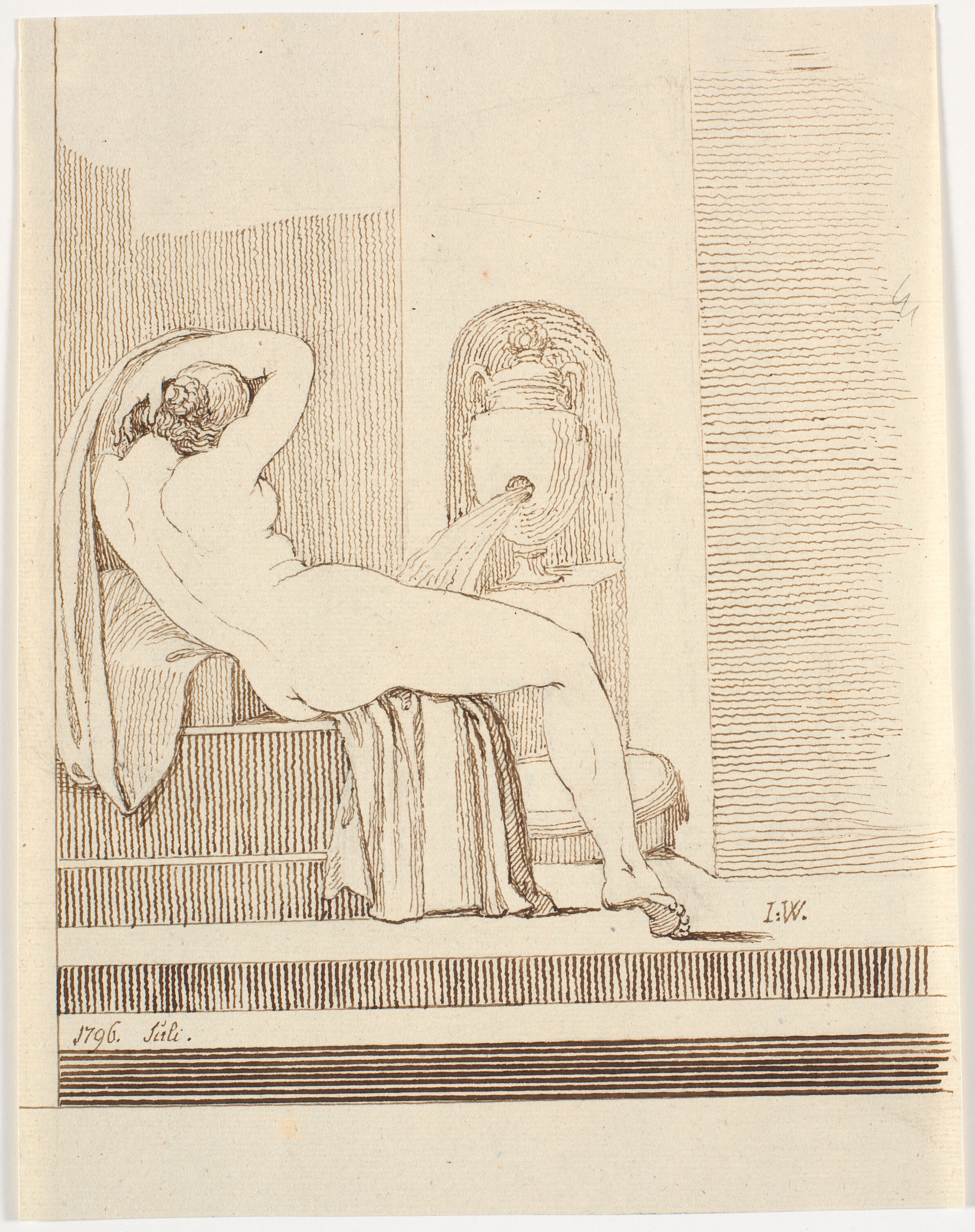 Nøgen kvinde med gevandt set bagfra, foran en fontæne