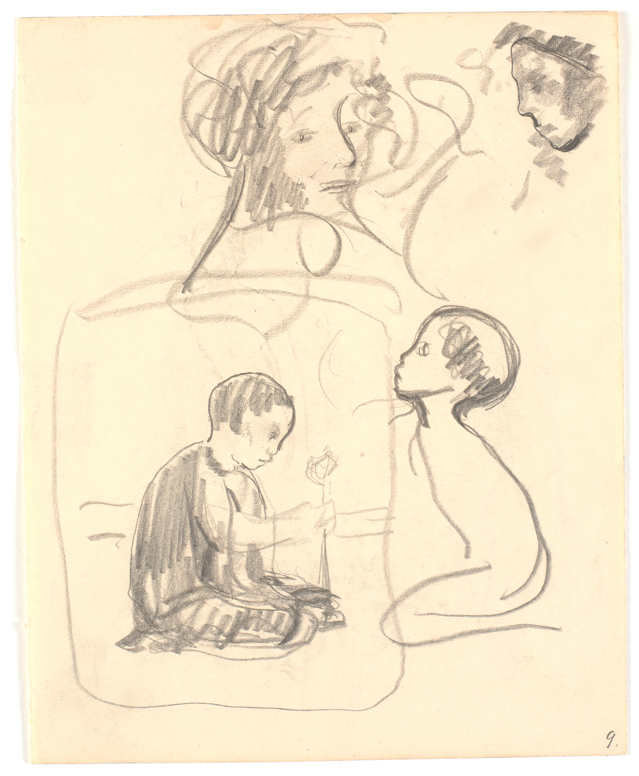 To udkast til "Dreng, der planter" ("Hoppat"), foroven to kvindehoveder