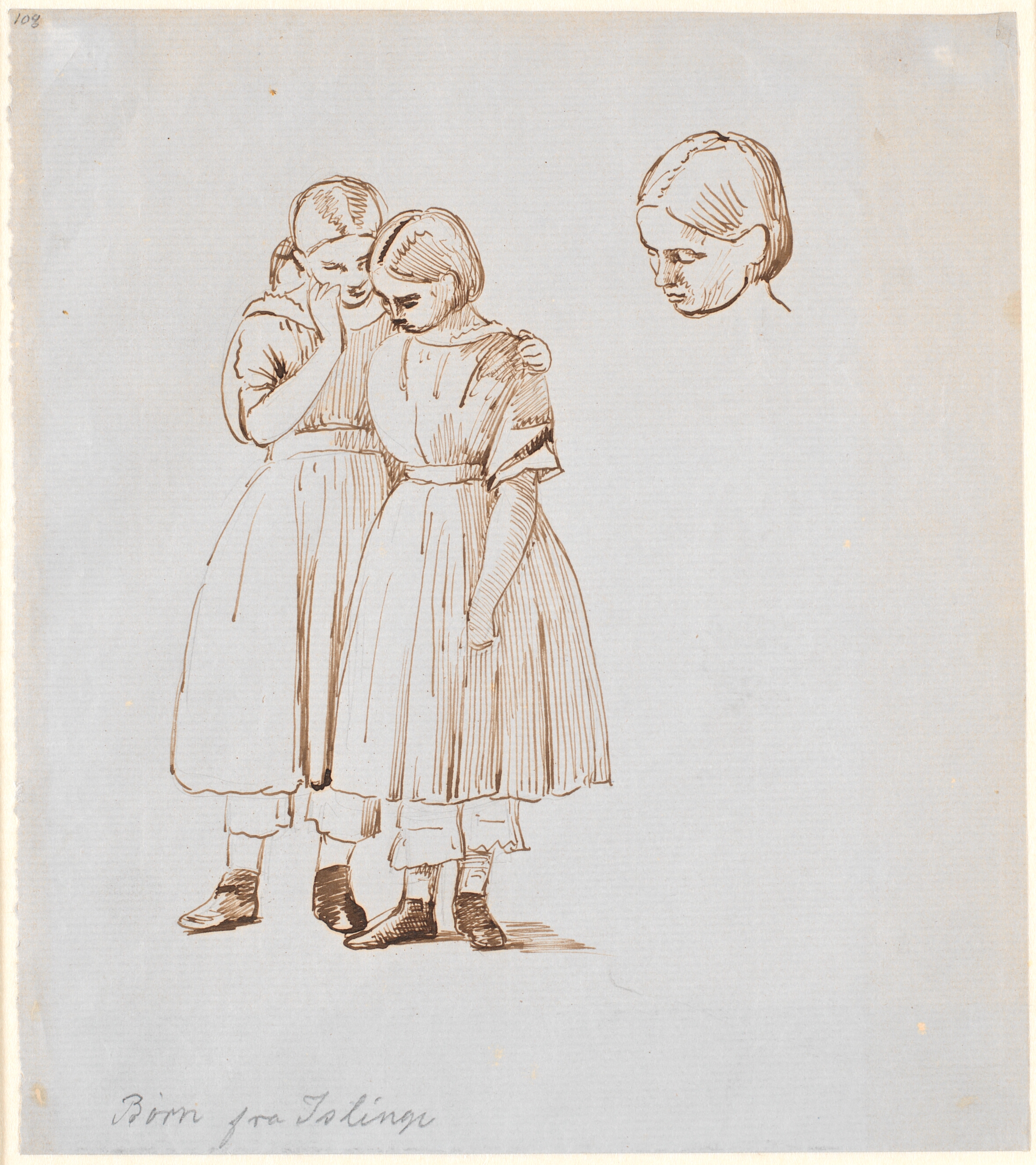 Studie til de to pigebørn samt til hende (t.h.'s) hoved på billederne "Bøgeskov i Maj".