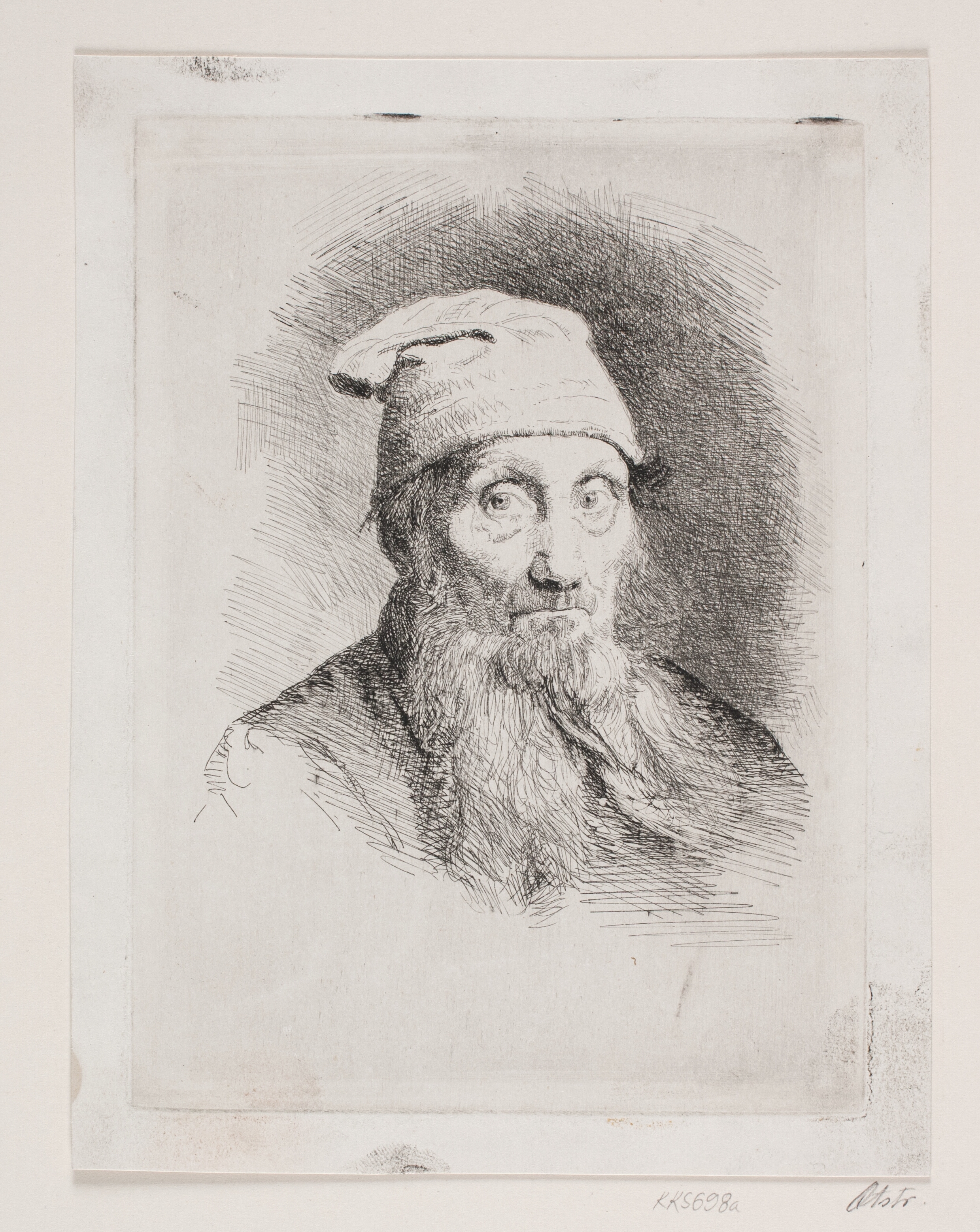 En gammel mand med hue. Brystbillede