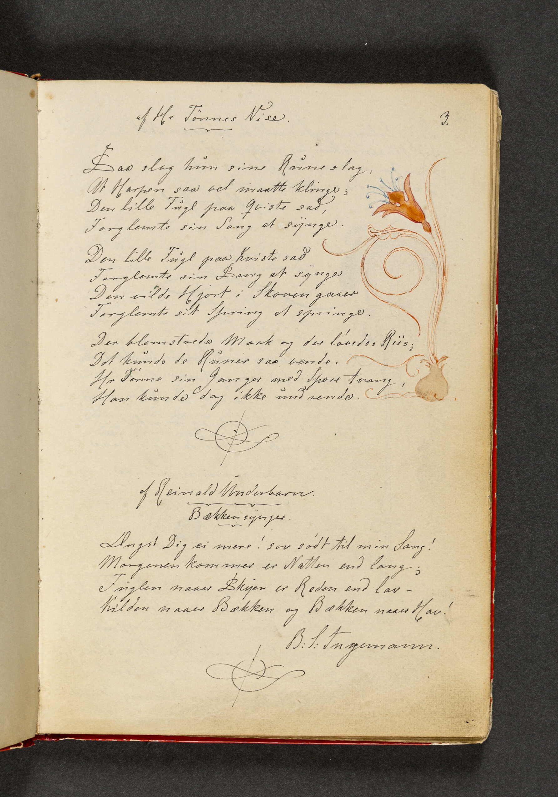 En lilje, der vokser op af et løg (stiliseret). Hertil vers. Side 3