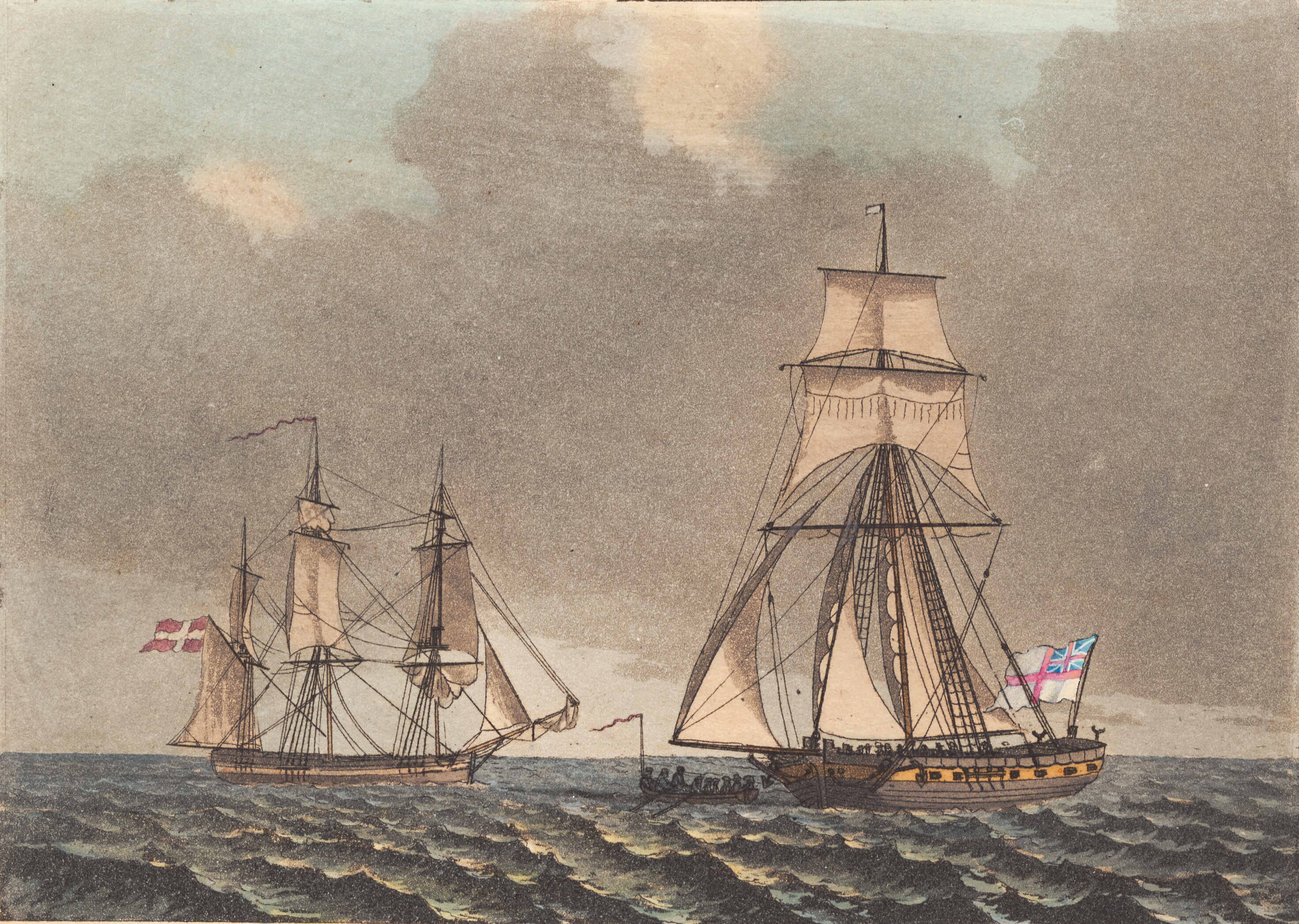 En engelsk kaper visiterende et dansk skib som braser op