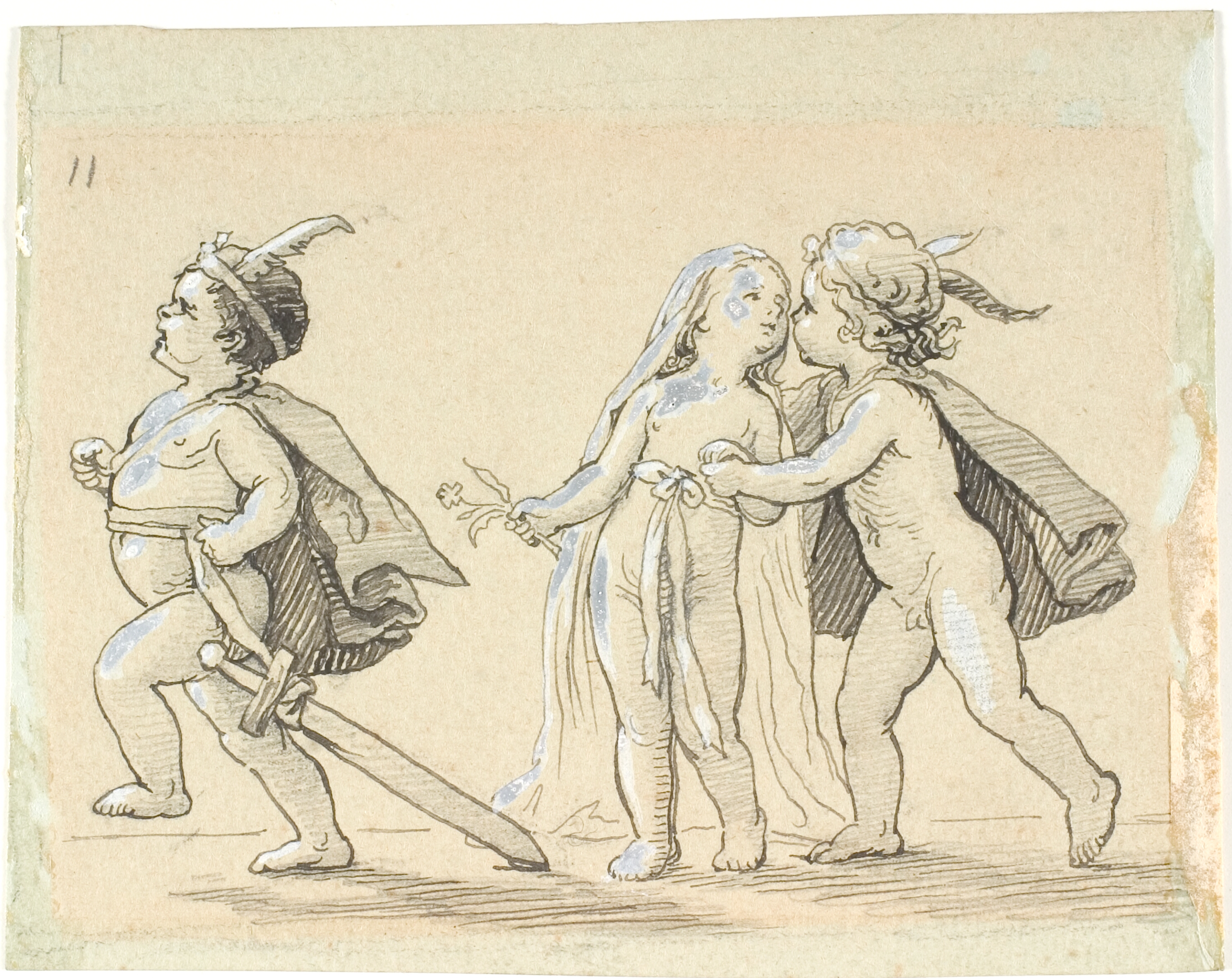 Vignet med tre børn; løbende dreng og dreng og pige, der holder om hinanden