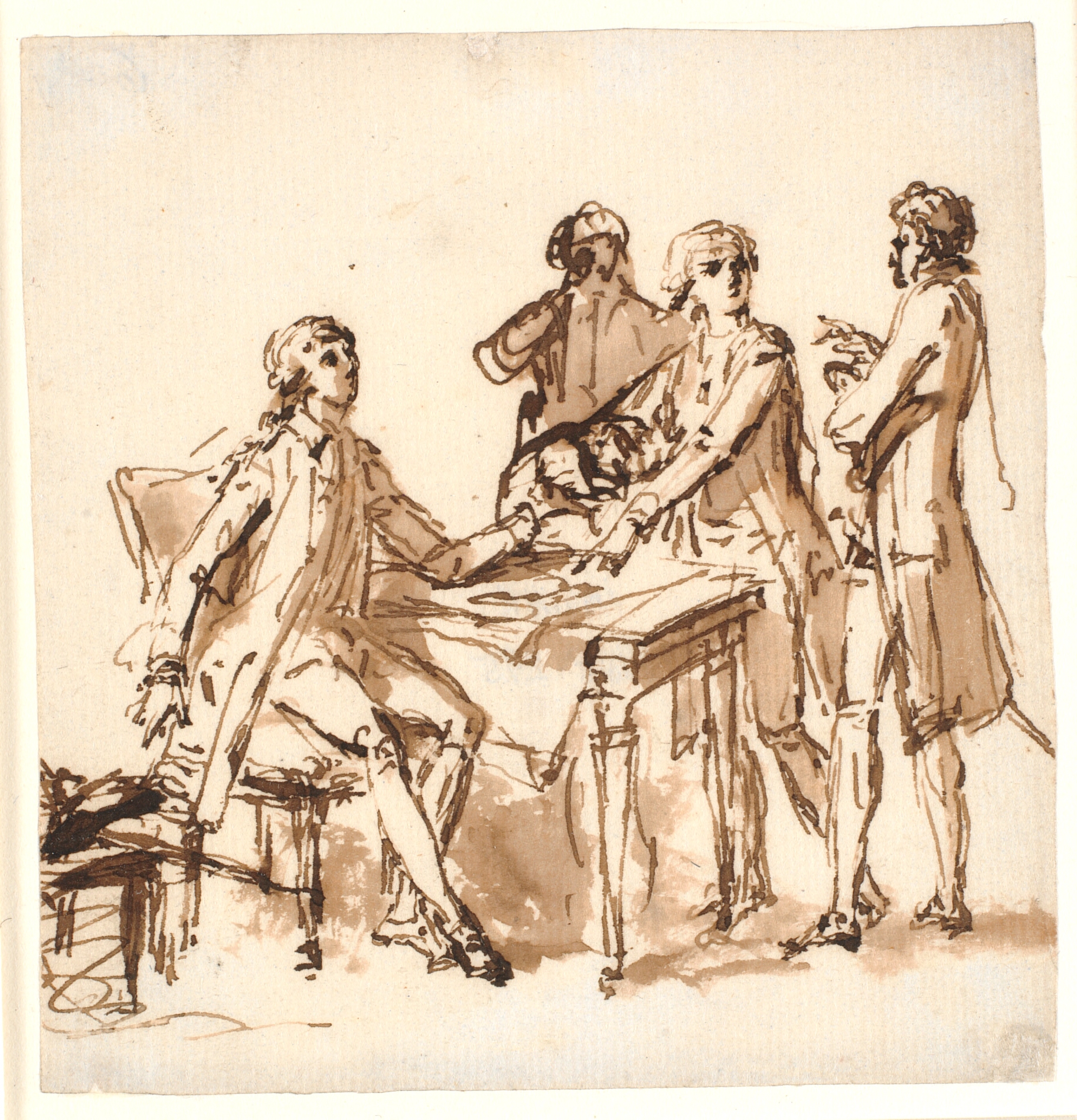 Fire mænd om et bord diskuterer et projekt