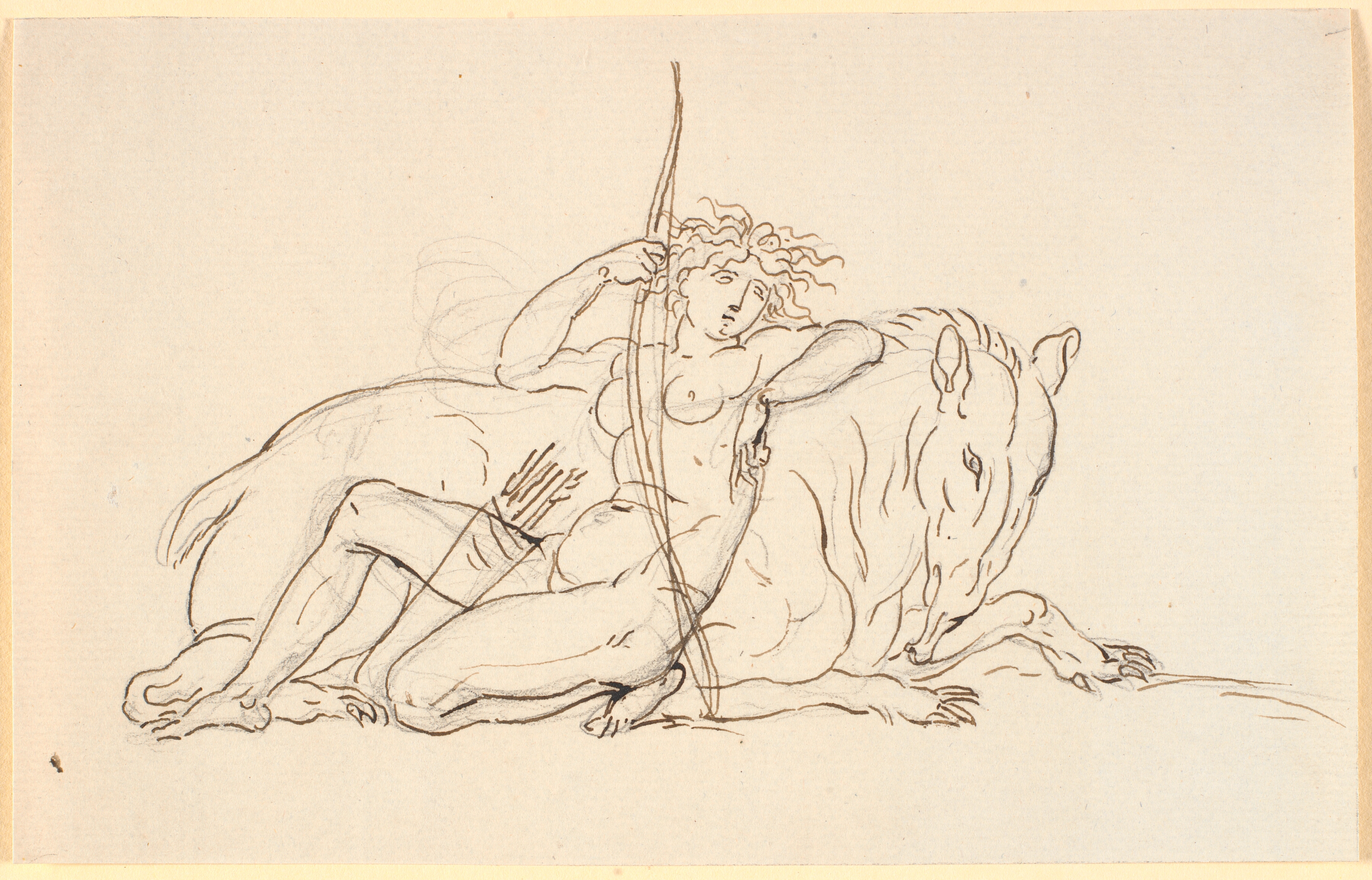 Kvindefigur med pile og kogger, siddende lænet mod et fantasi dyr (muligvis en myresluger). Allegori på Amerika