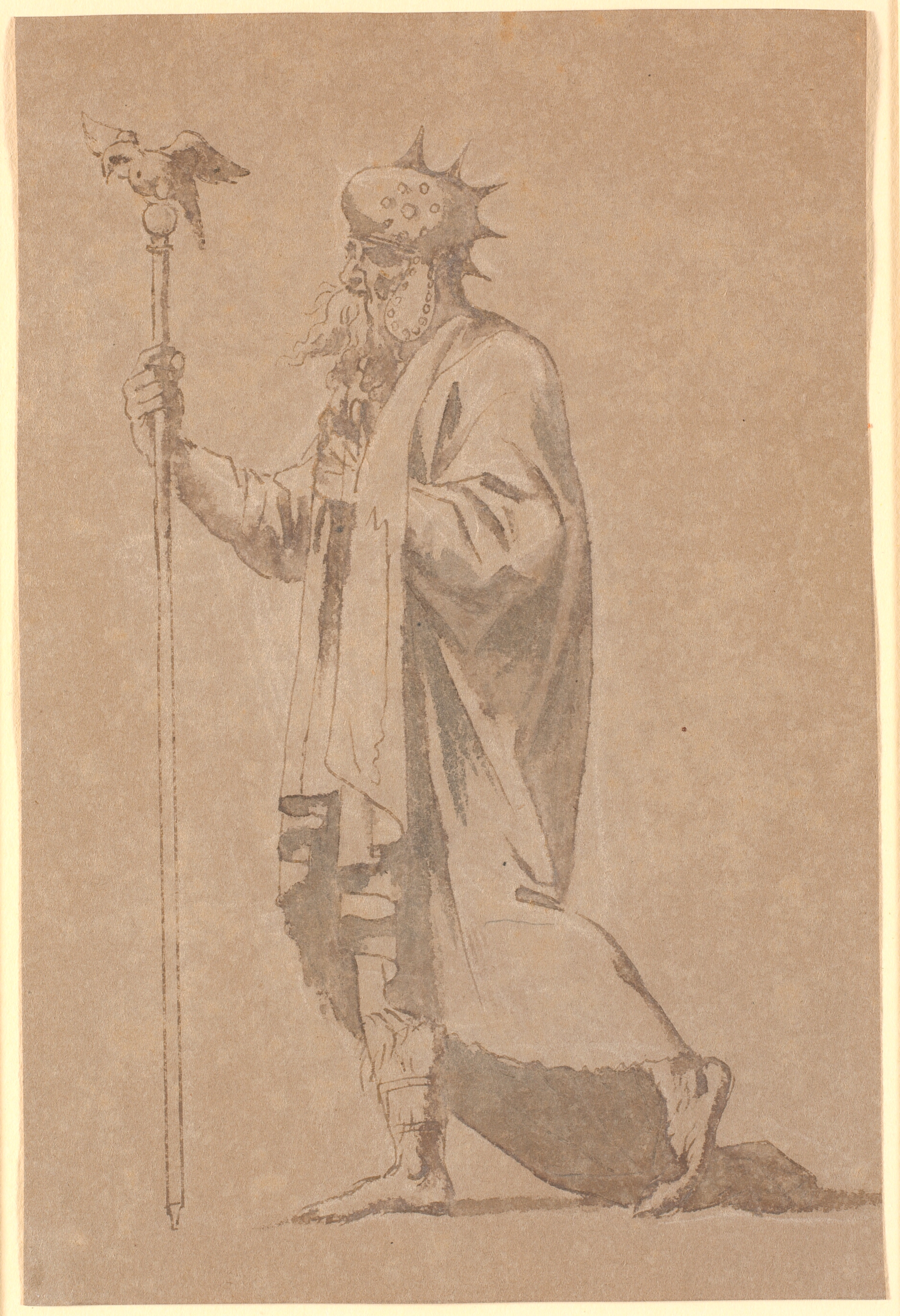 Udkast til en mandsdragt. Han bærer en lang stav med en fugl på toppen