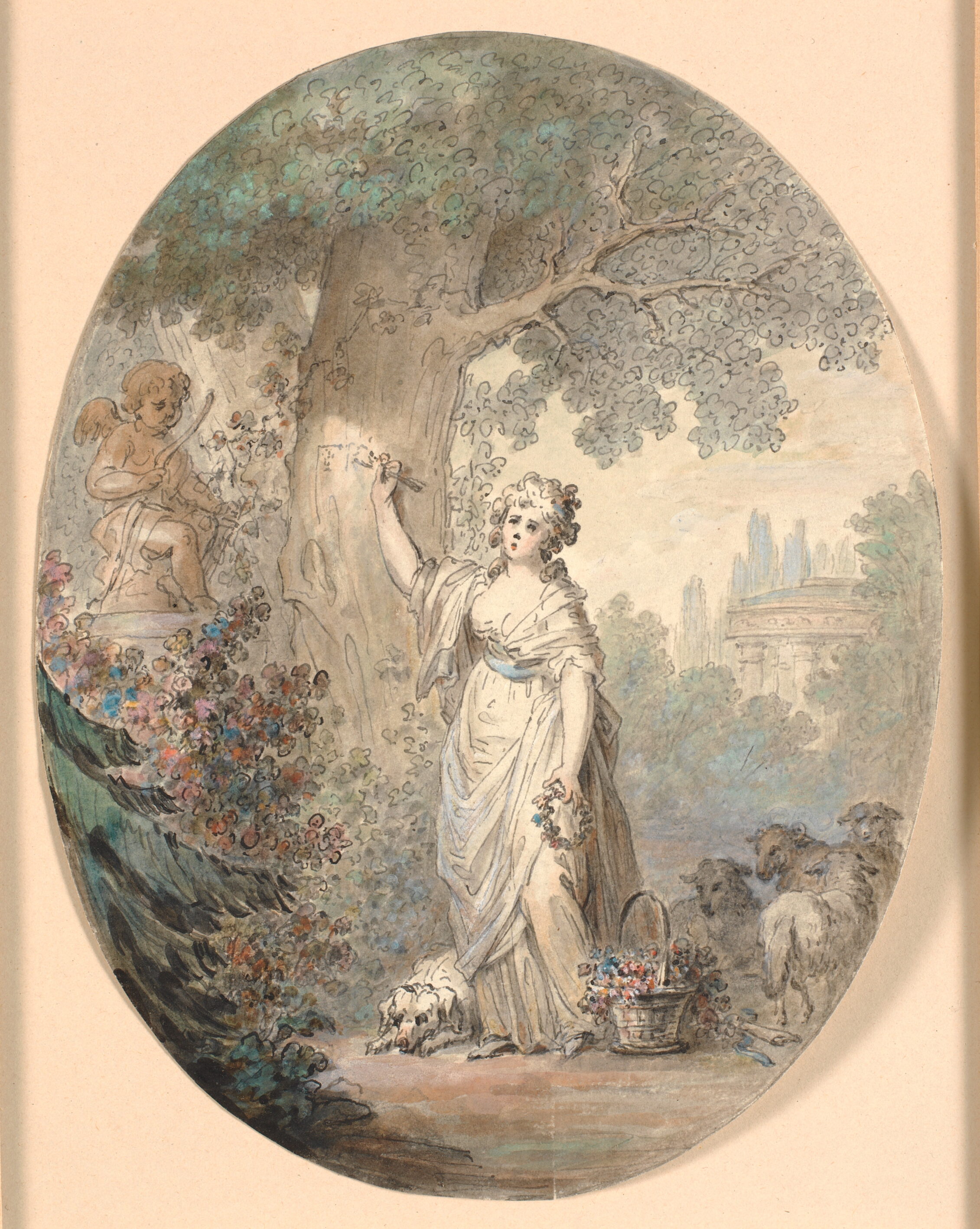 Hyrdinde, der skærer et tegn i et træ