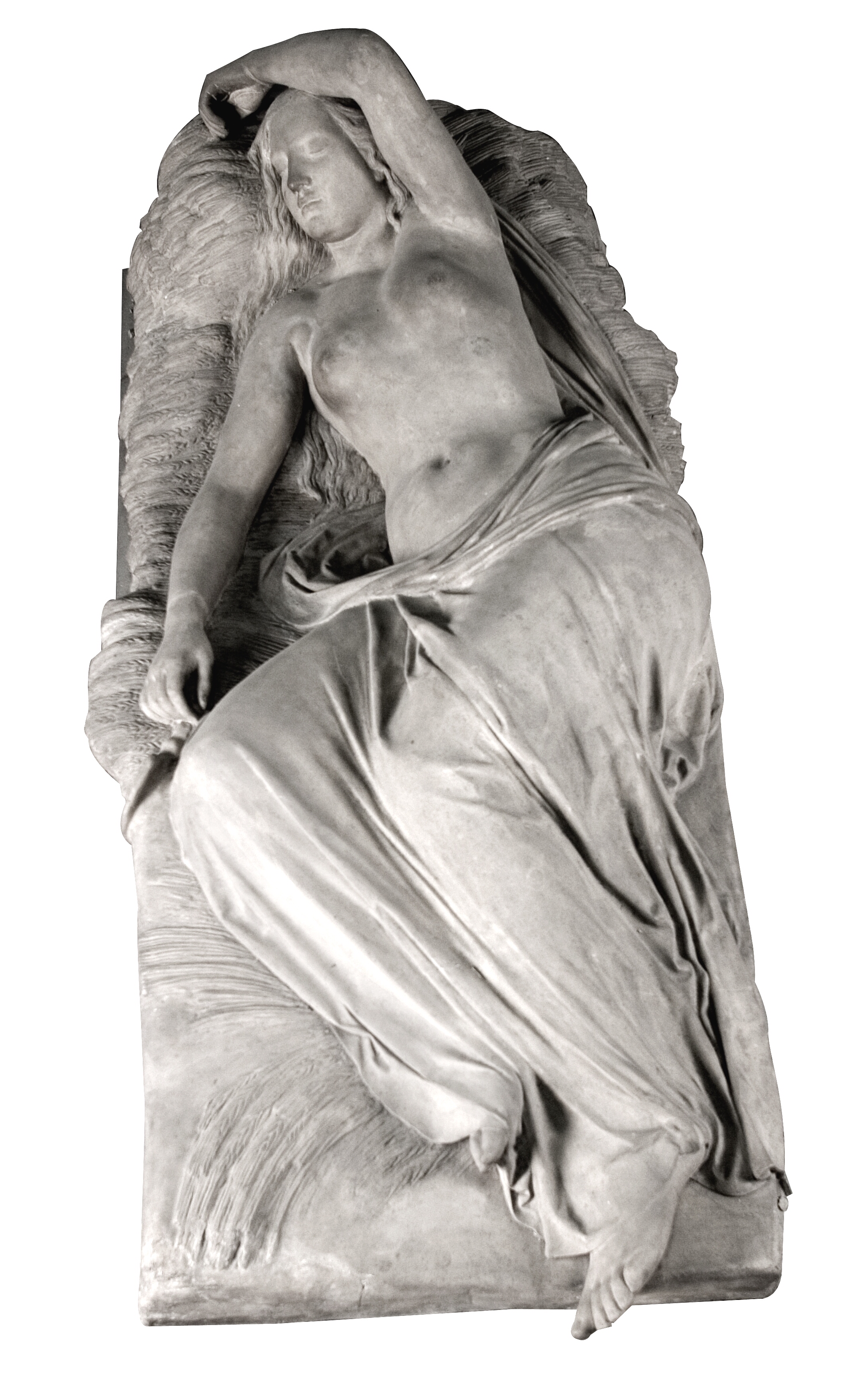 En sovende høstpige. Halvnøgen ung kvinde, liggende med hovedet hvilende på et kornneg