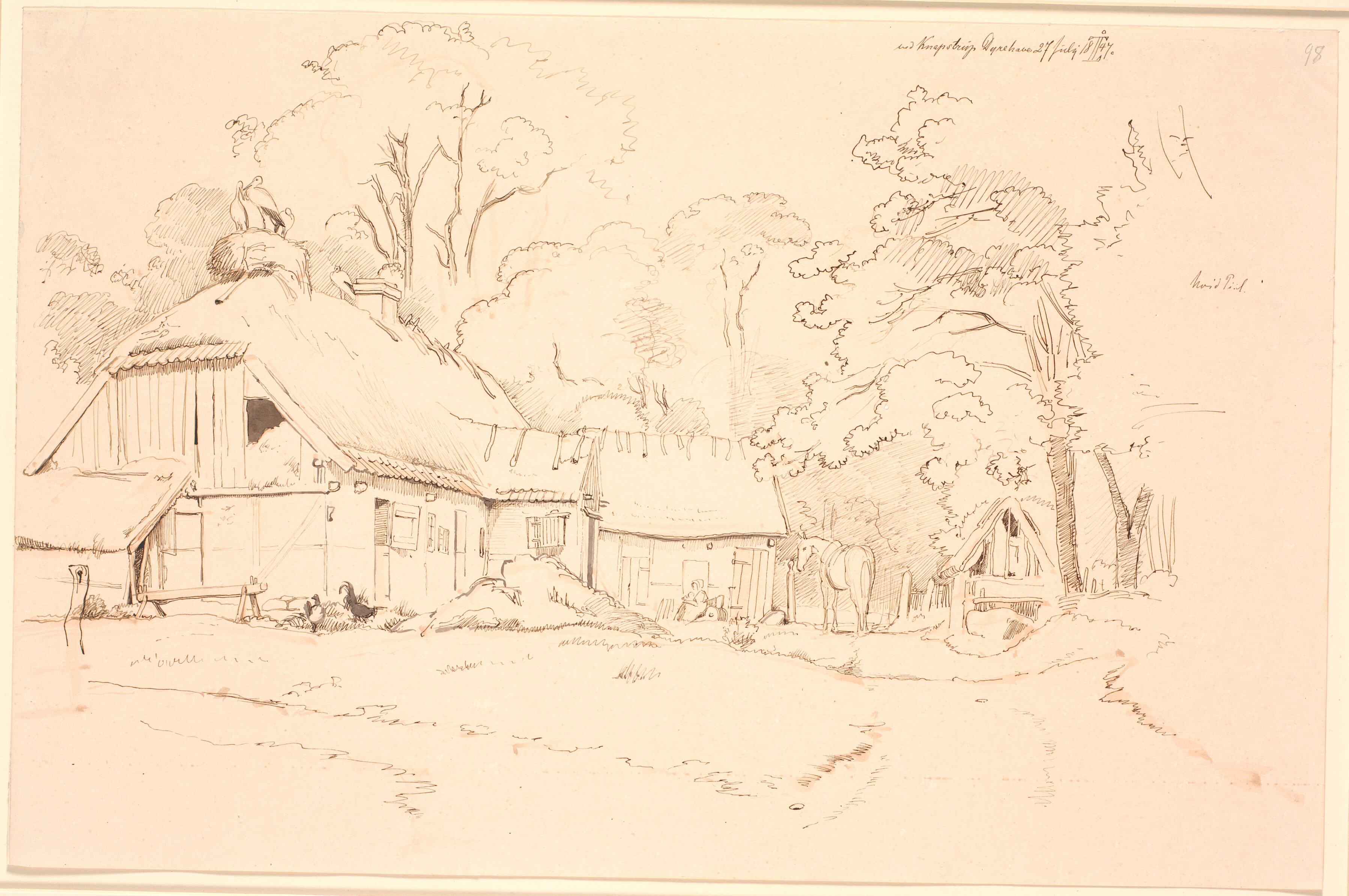 Bondehus med en storkerede på taget