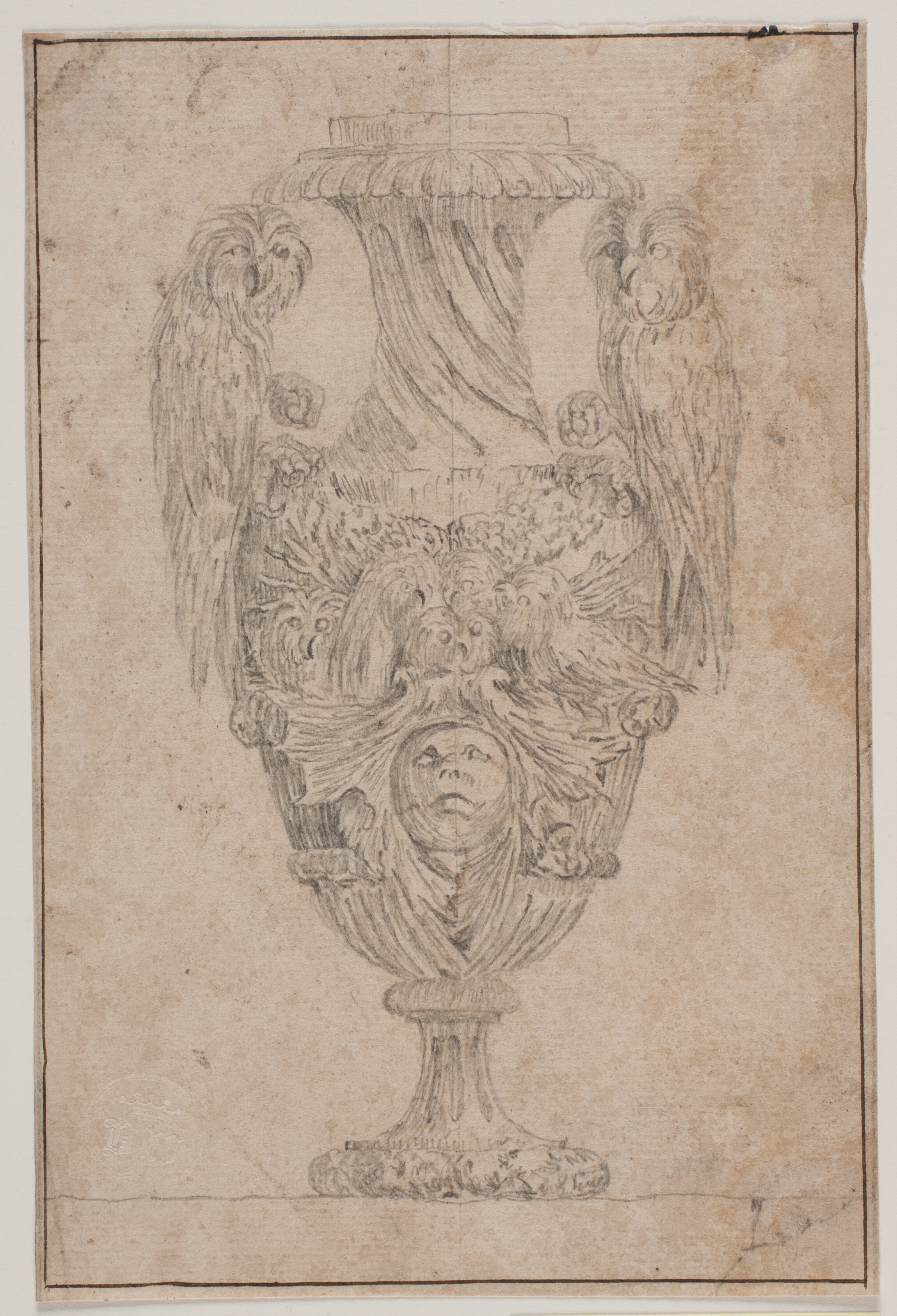 Prydvase med to ugler og et hoved. Kopi efter Pl. 15 i suiten af de i 1746 af Saly tegnede vaser, "Vasa a se inventa..."