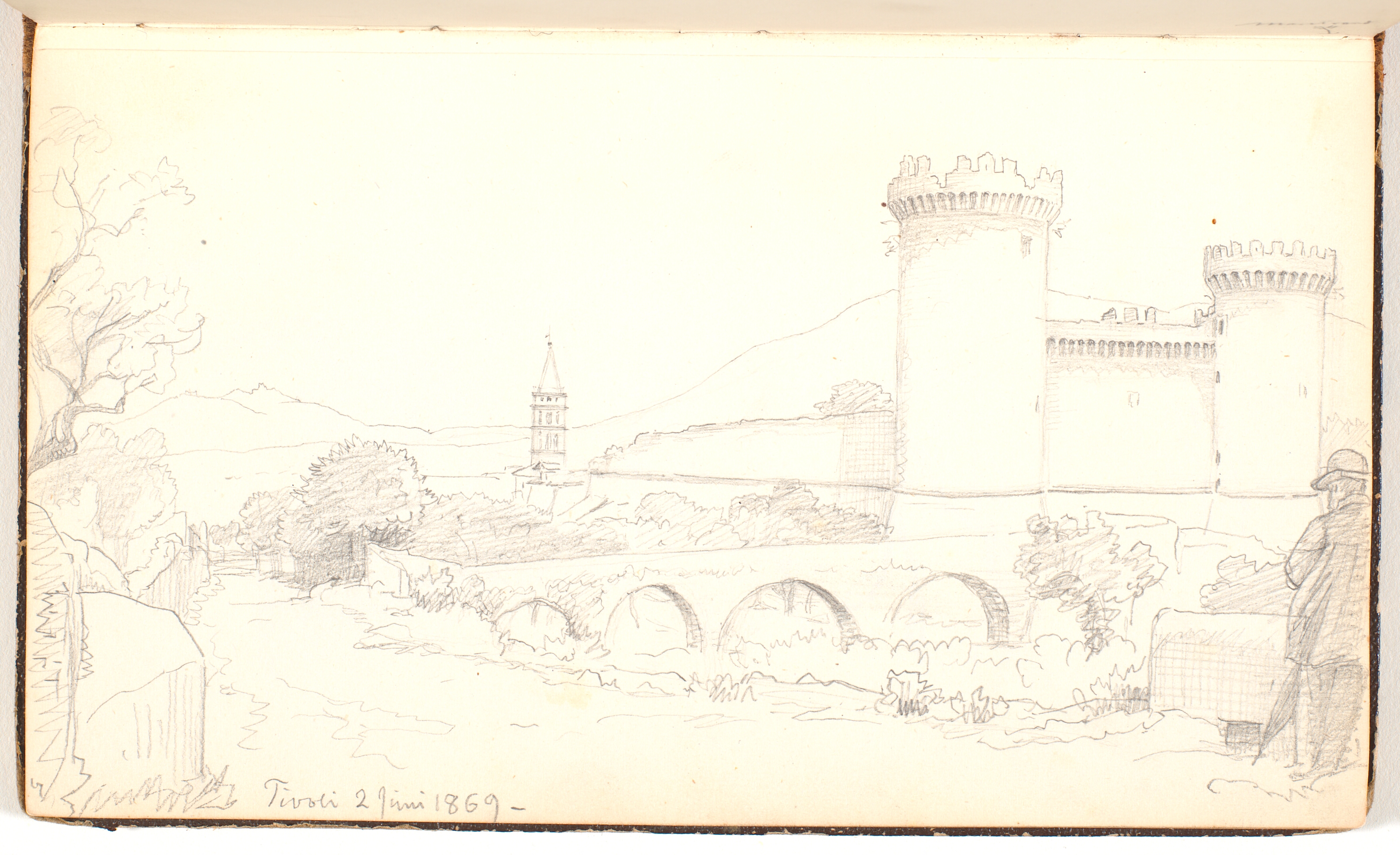 Parti fra Tivoli med en bygning med to tårne, en mand står yderst til højre