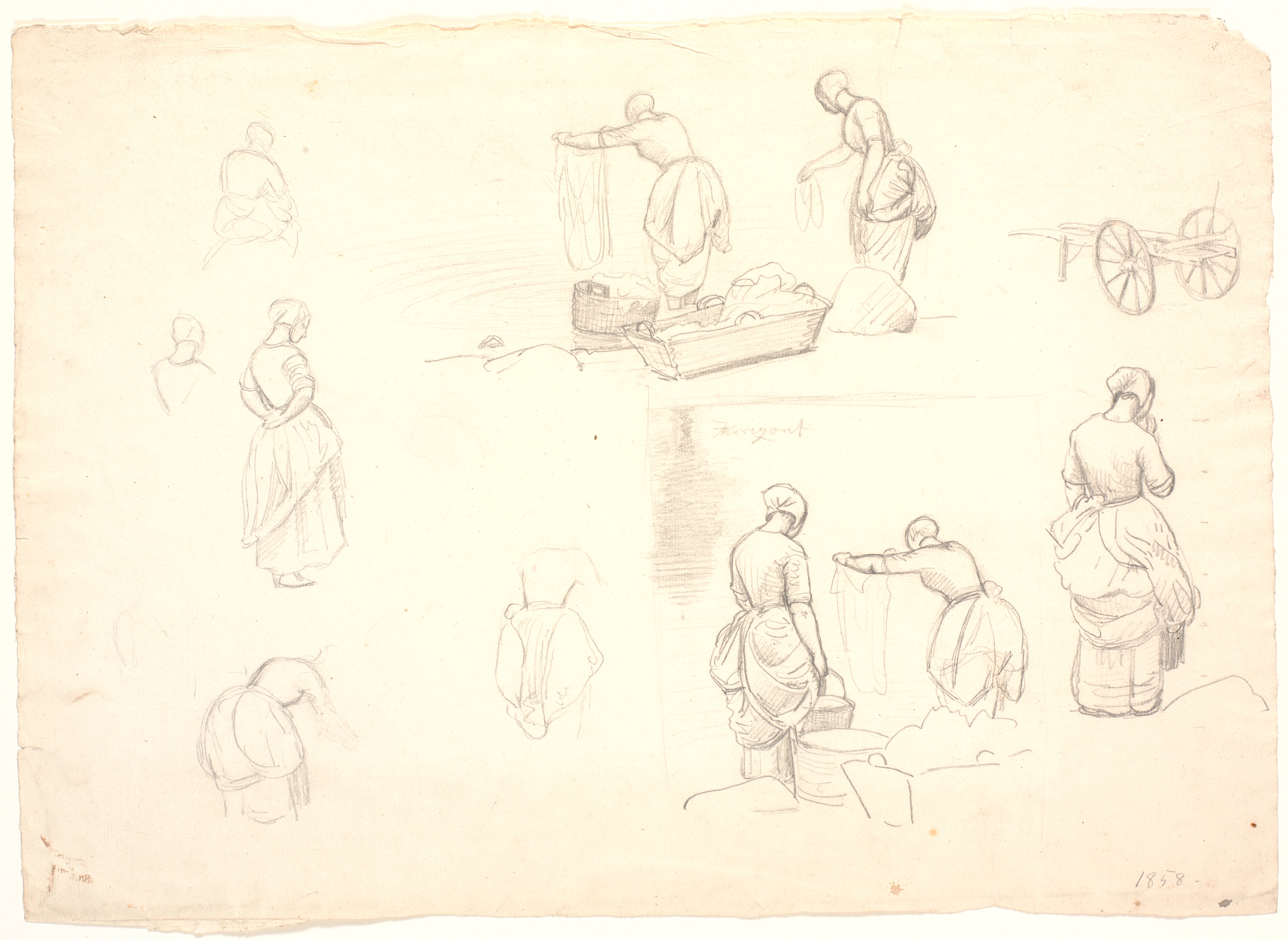 Syv detailstudier samt to studier til maleriet: "Vaskekoner ved Bondedammen i Hellebæk". 3. august 1838