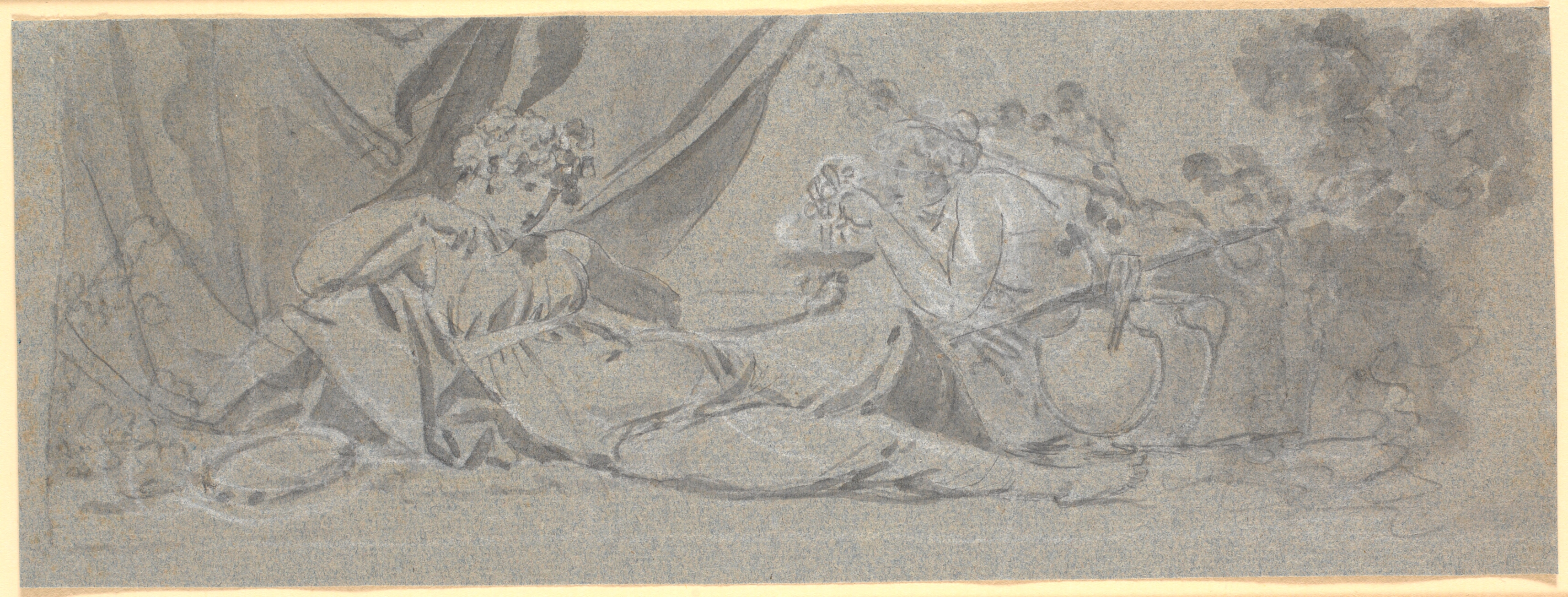 Udkast til dørstykke. En liggende kvindefigur med en skål, i hvilken en anden presser druer