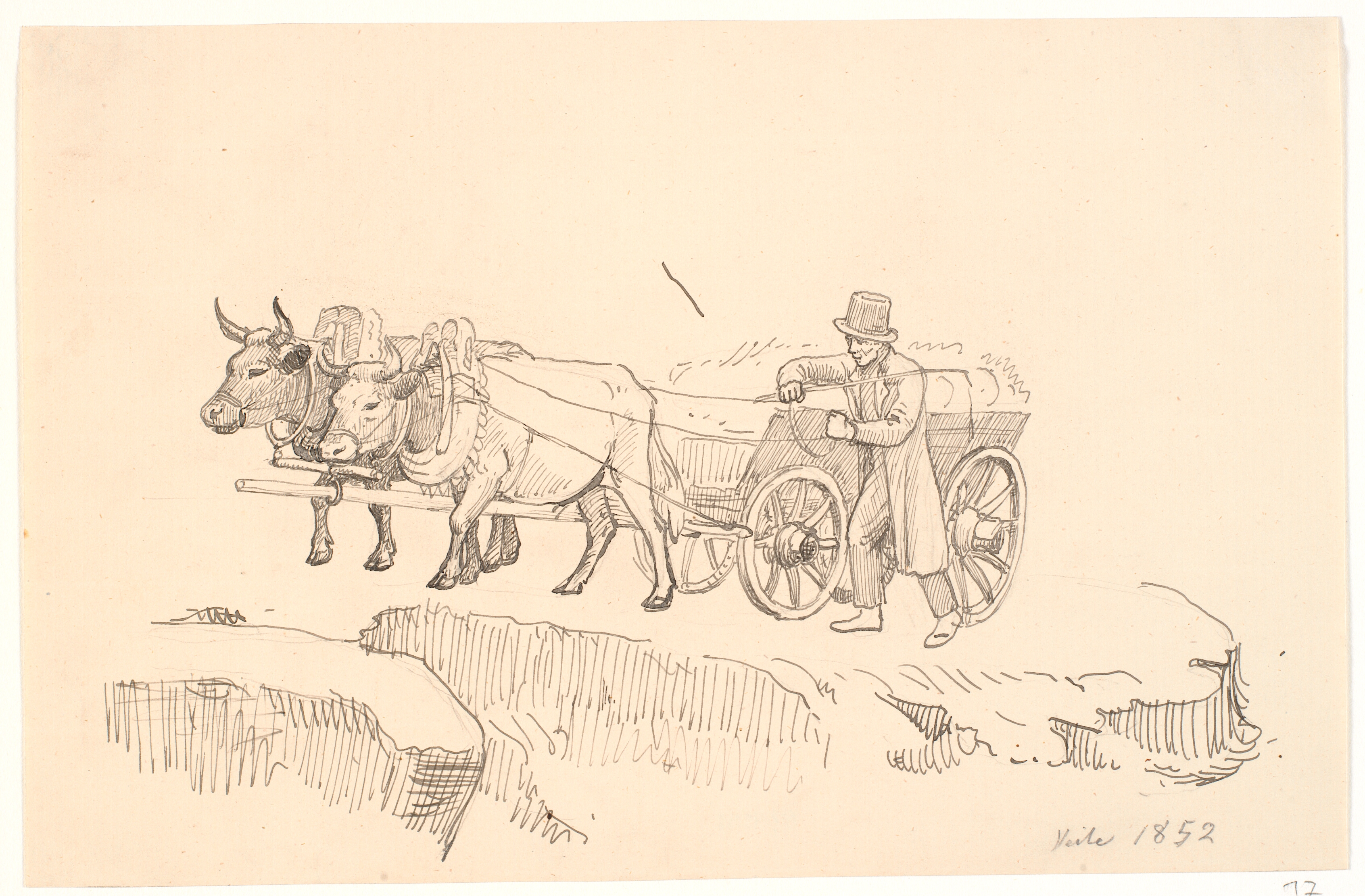 En bondemand gående ved siden af sit studekøretøj