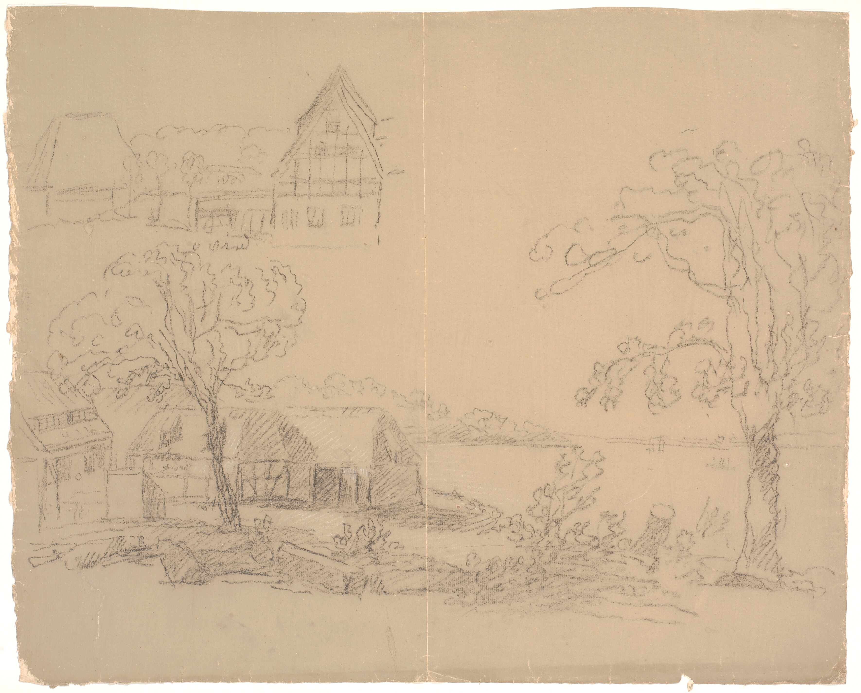 Landskab med gård ved en sø. F.o.t.v. en gård