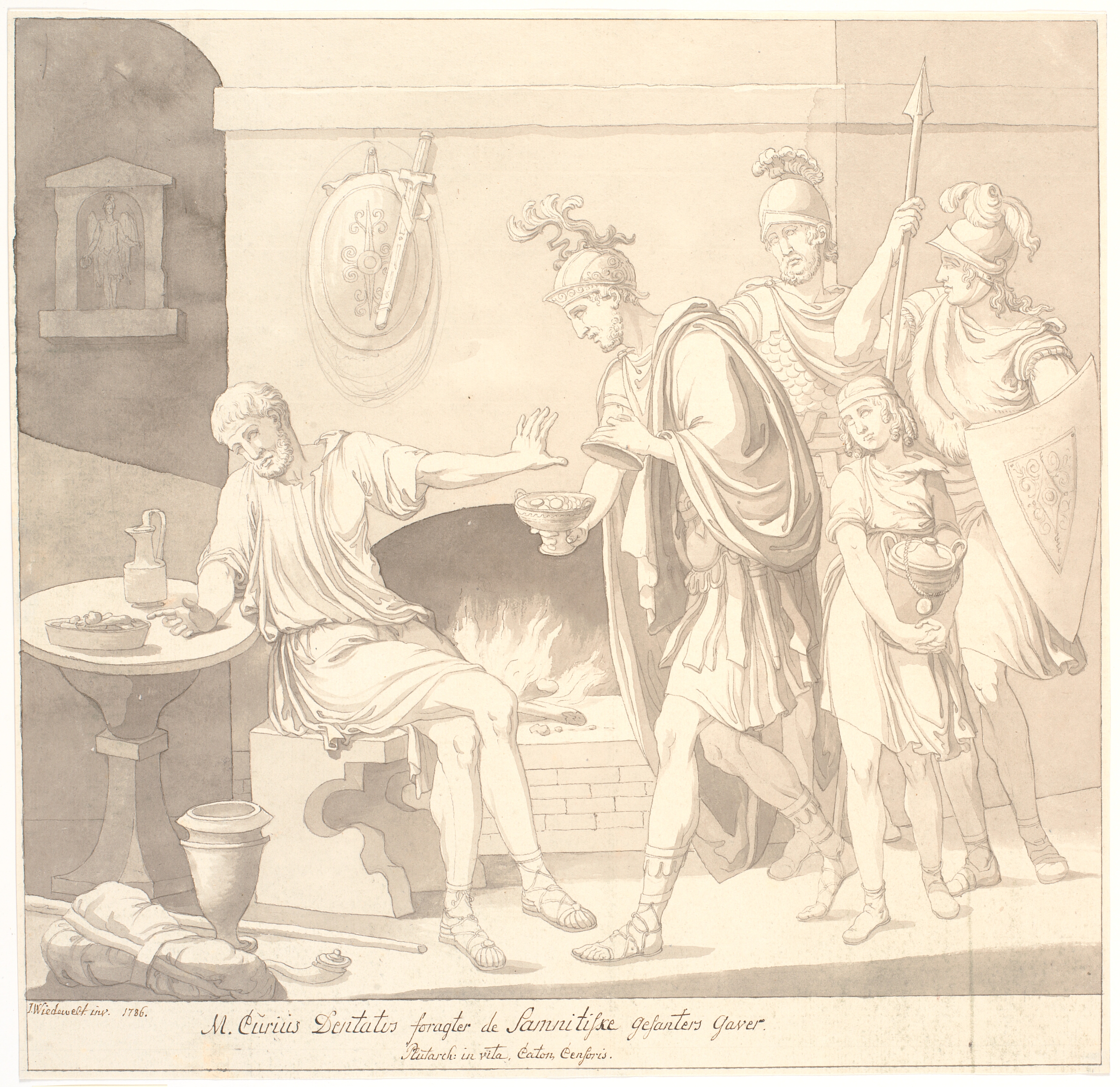 "M. Curius Dantatus foragter de Samnitiske Gesanters Gaver./ Plutach: in vita. Caton Censoris."