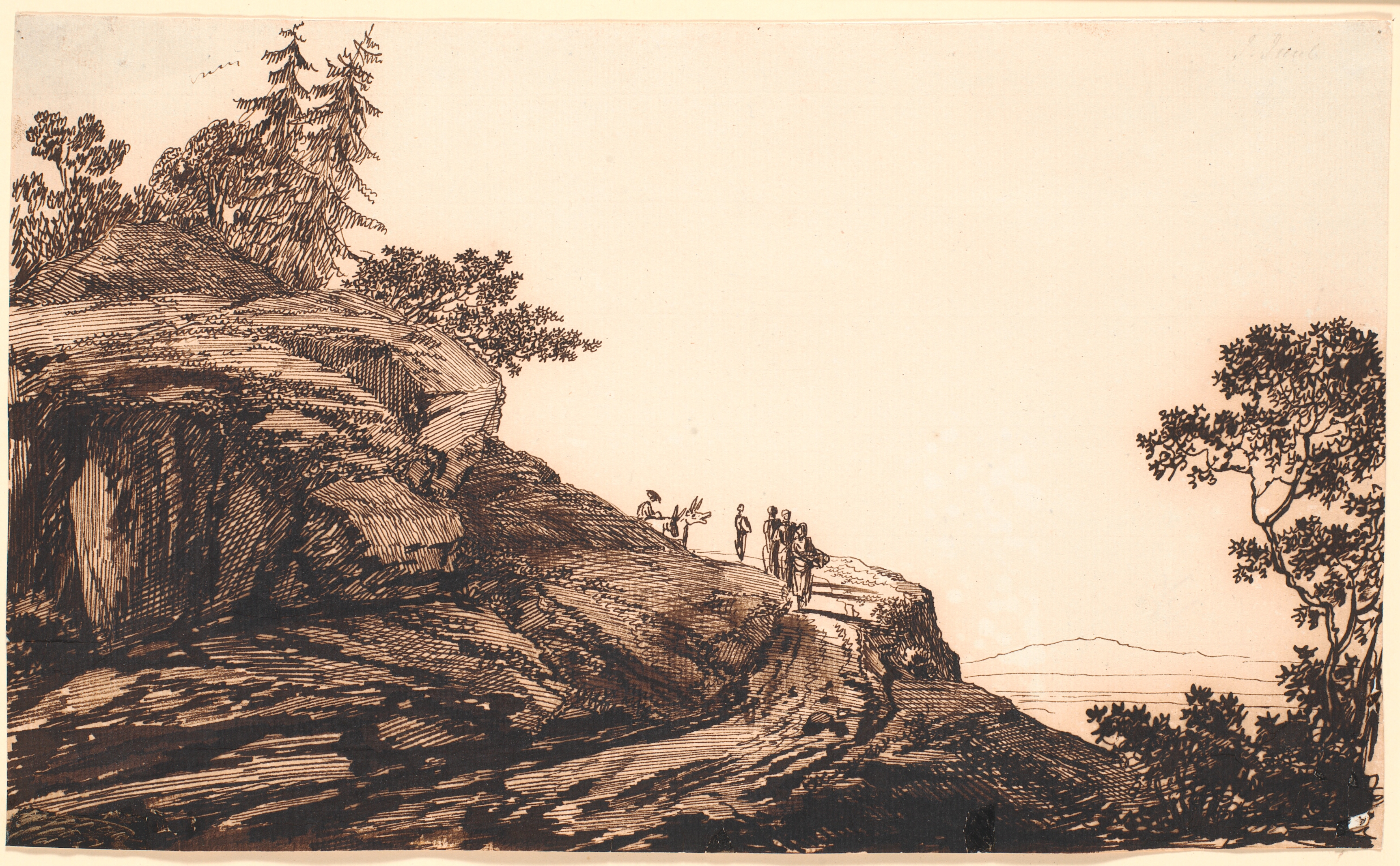 Bjerglandskab med folk og æsler på en vej