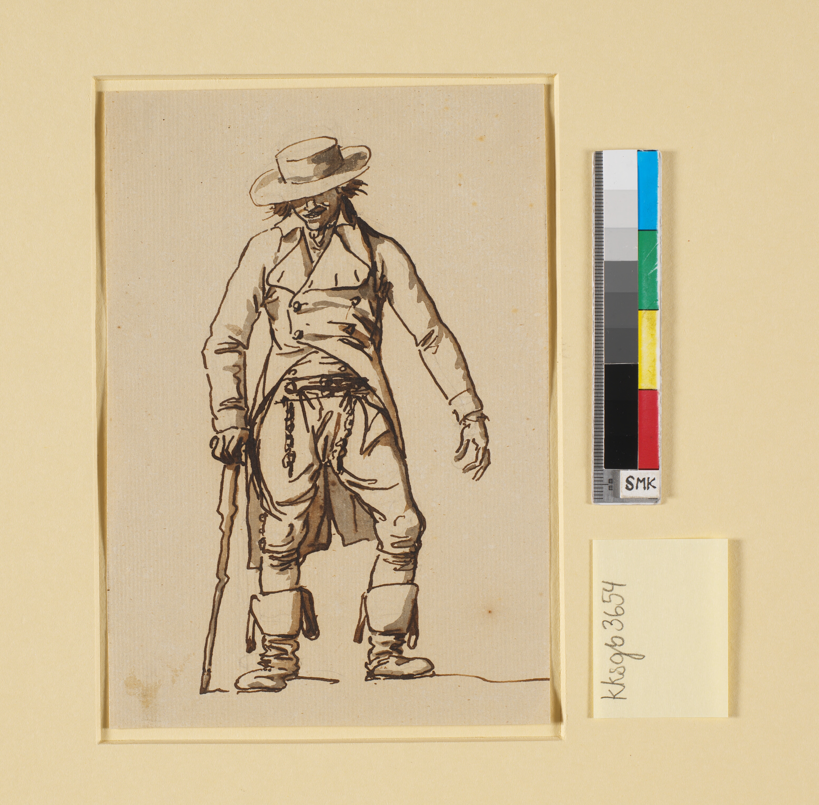 En drukken almuesmand støttet til en knortekæp