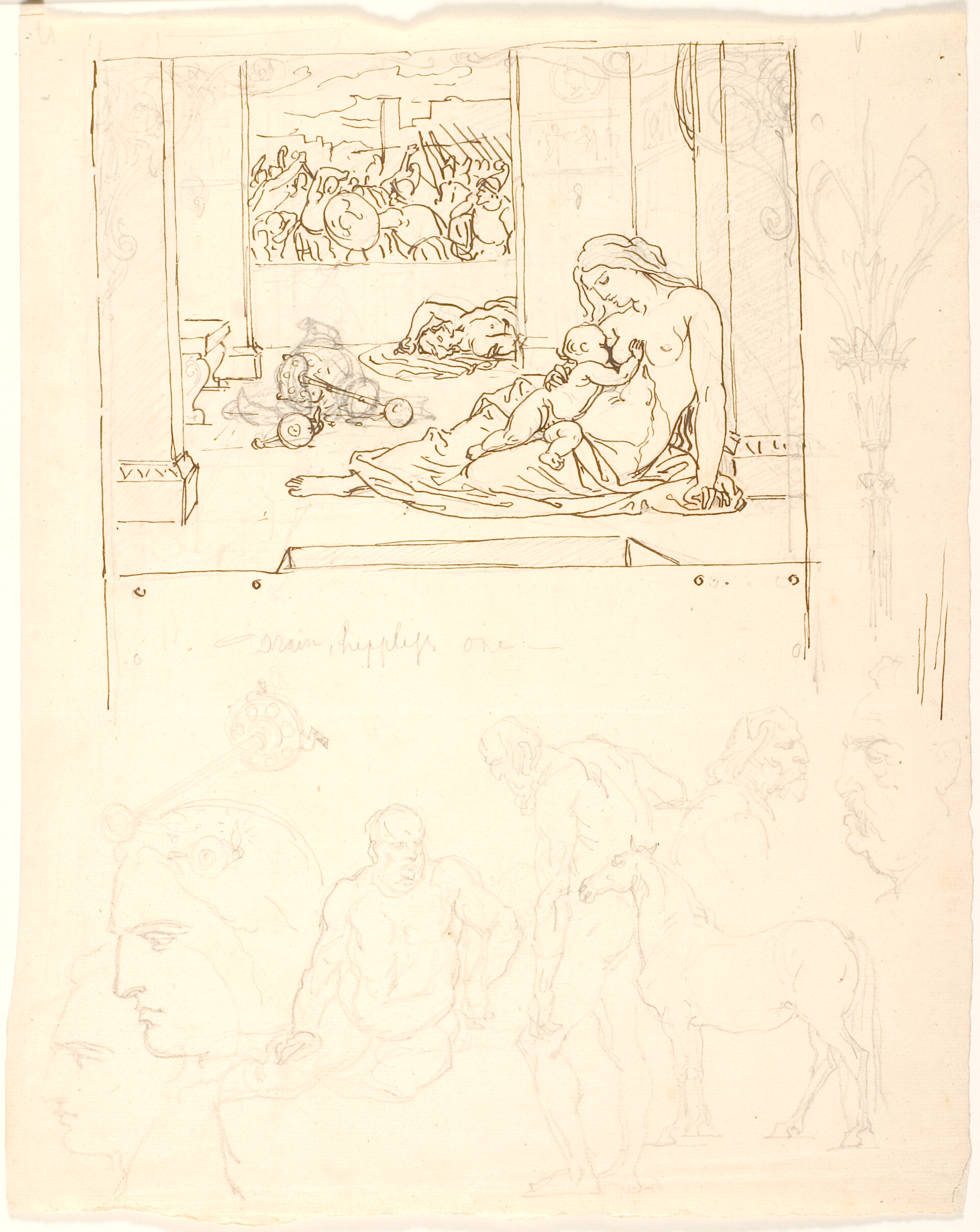 Skitser til: Selv i dødens stund vaager Moderkærligheden over barnets tarv. F.n. mandsfigurer, hoveder og en hest. F.n. mandsfigurer, hoveder og en hest