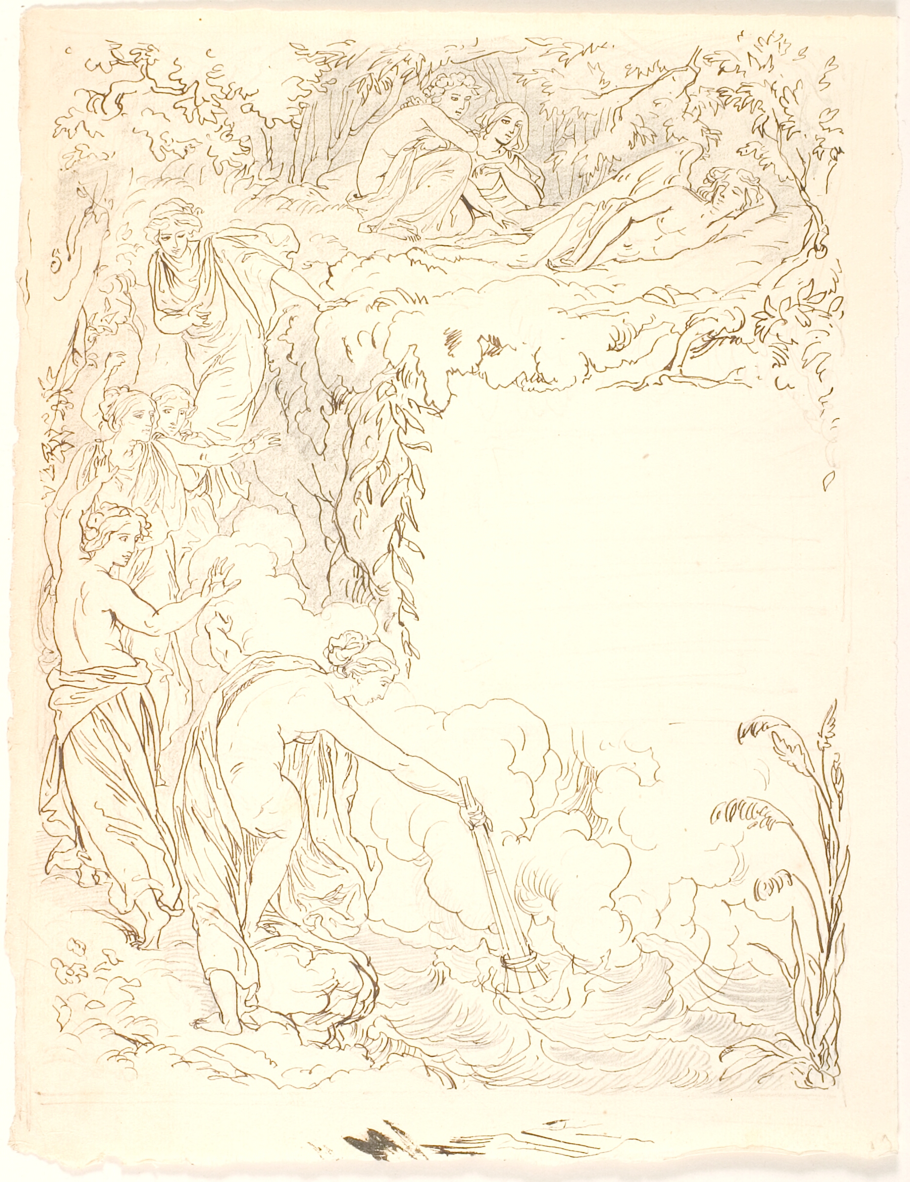 Nymferne finder Eros sovende og forsøger at slukke Eros' fakkel