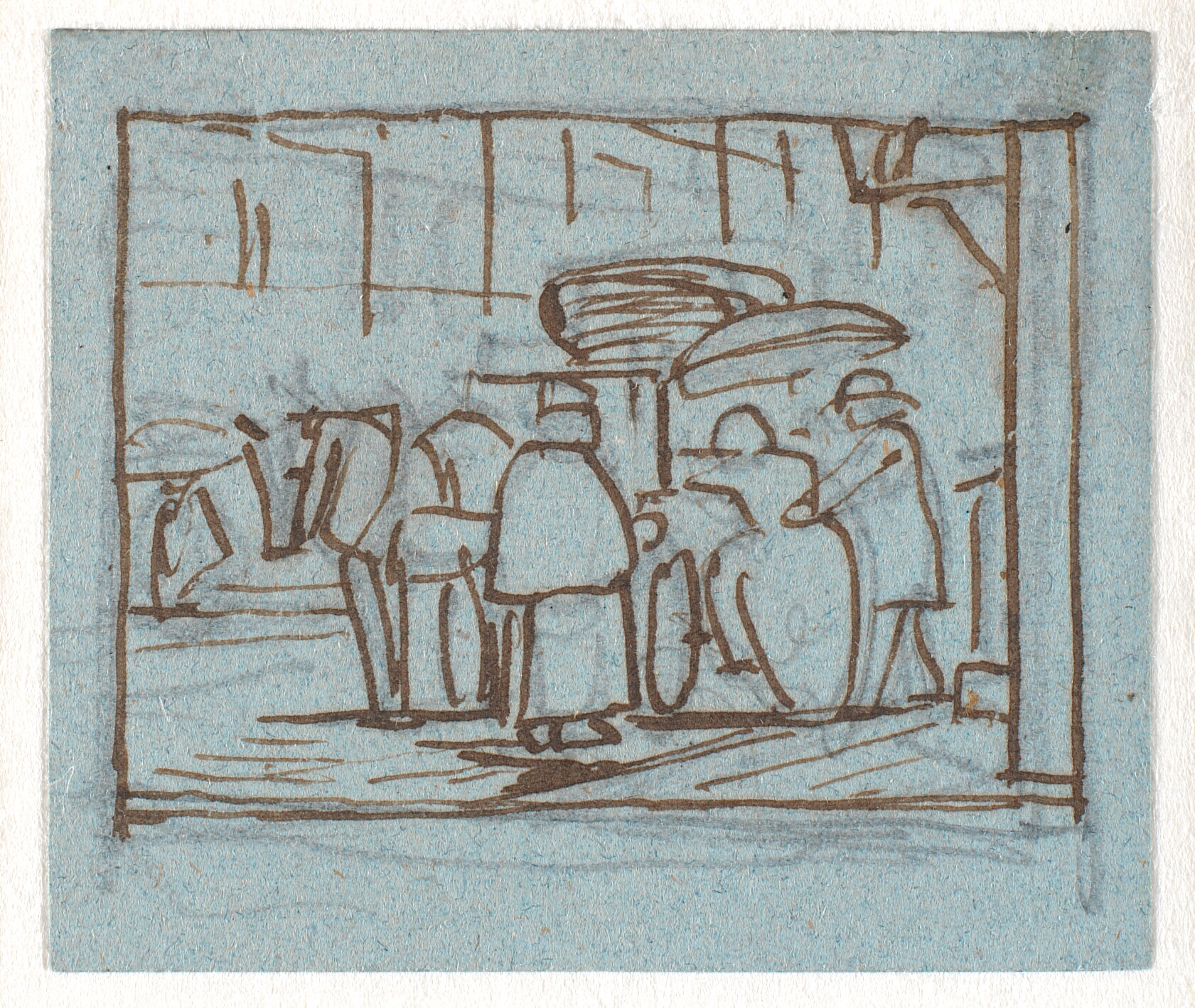 Regnvejr. En dame stiger til vogns