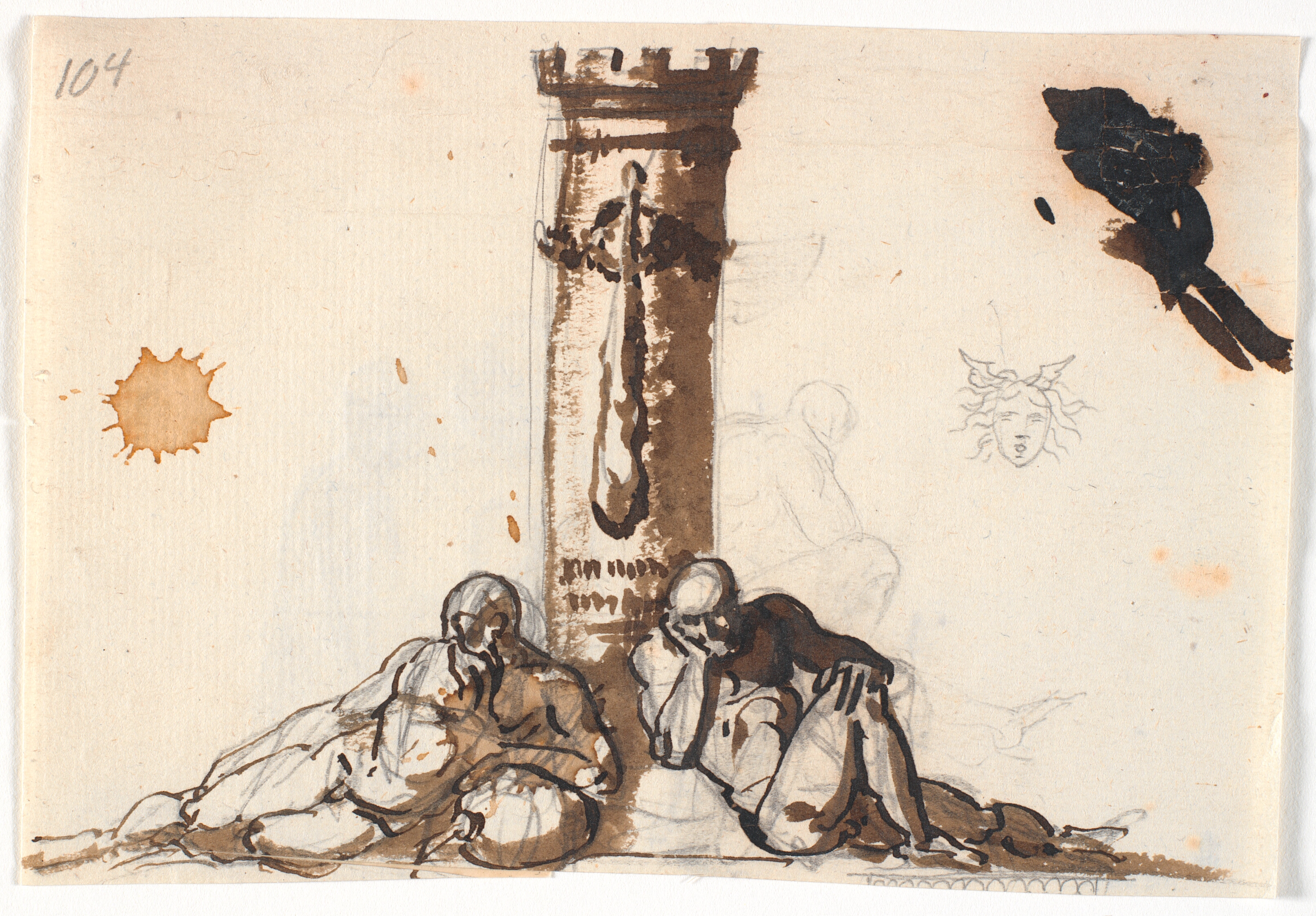 To gamle nøgne mænd liggende ved foden af en støtte, på hvilken en kølle er ophængt